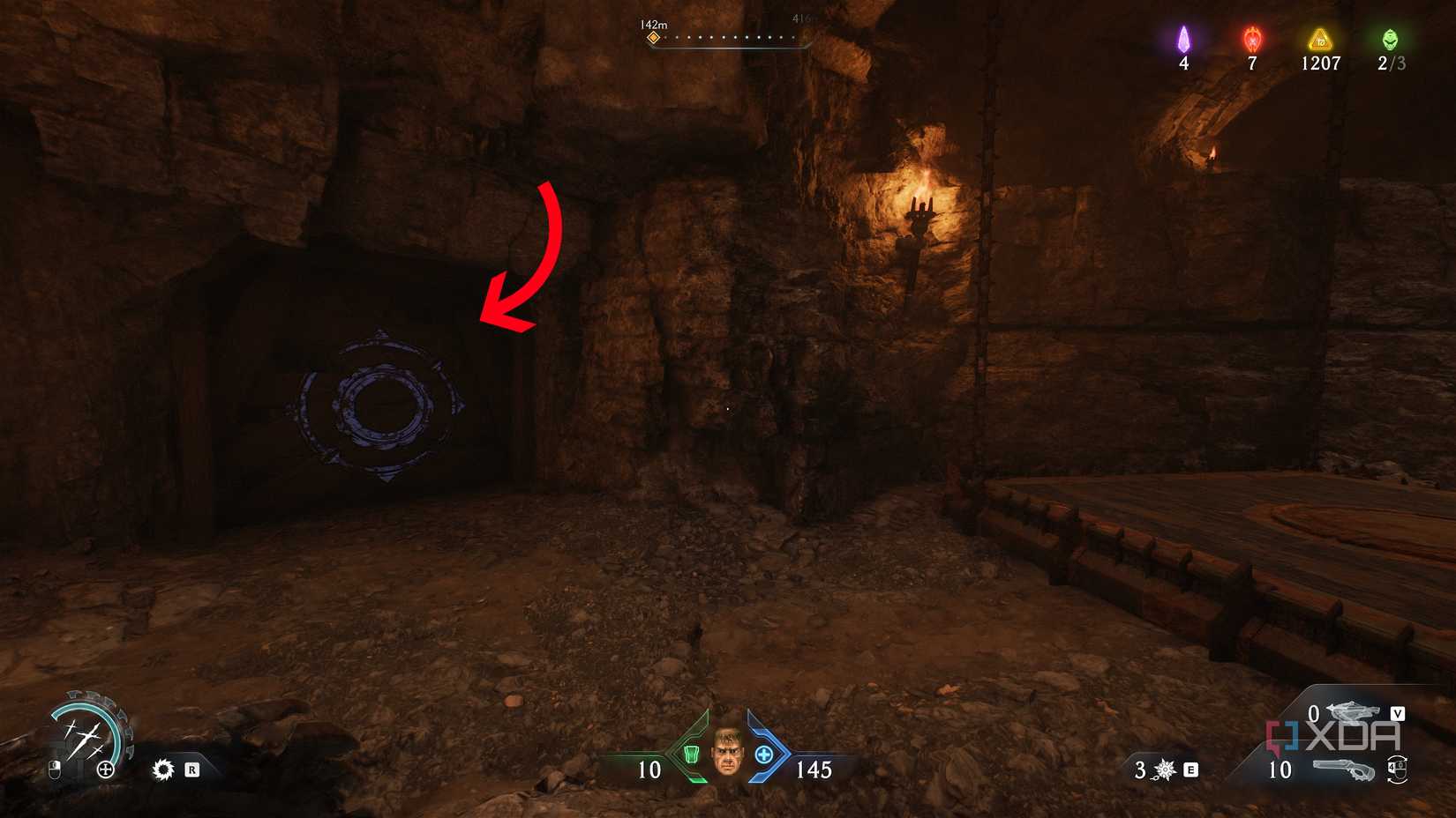 An arrow pointing to a bashable wall in chapter 20 of Doom: The Dark Ages.