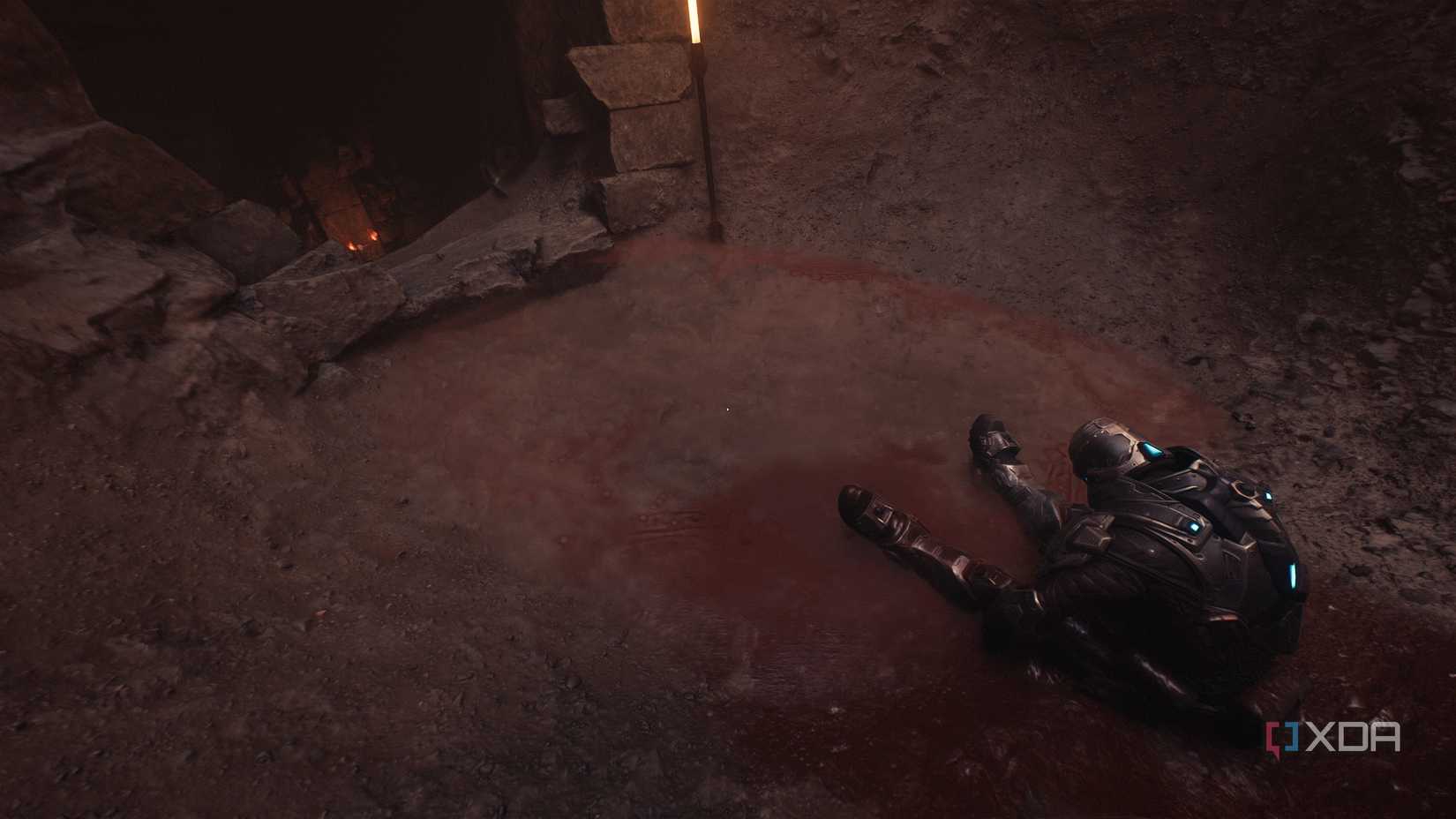 A Sentinel Knight's corpse in a well in Doom: The Dark Ages.