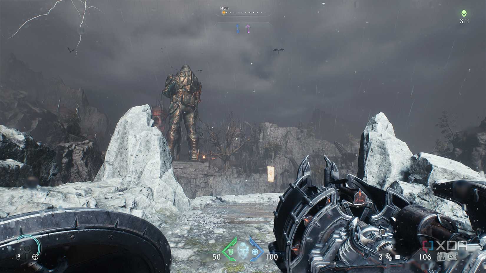 A codex page and a statue in Doom: The Dark Ages.