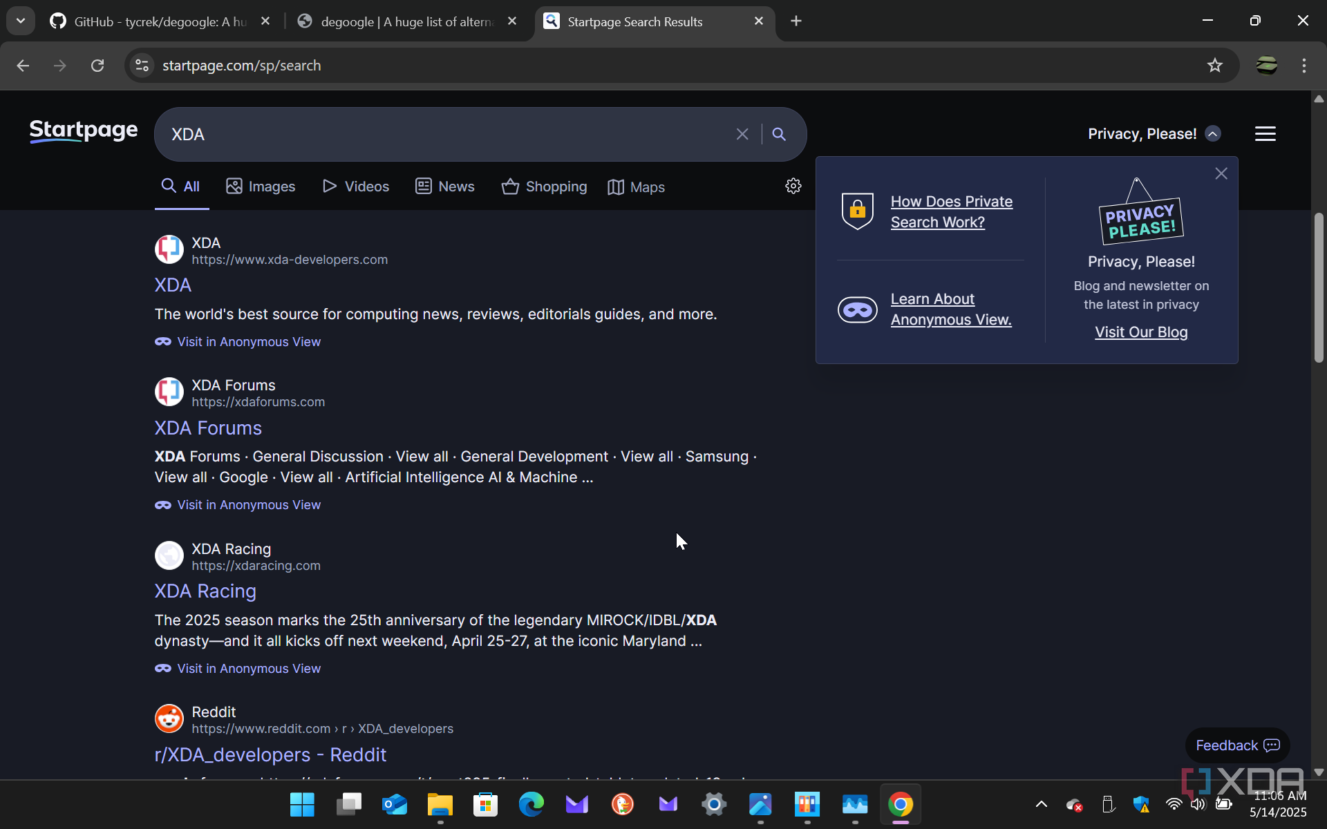 Shows Startpage search engine in Chrome