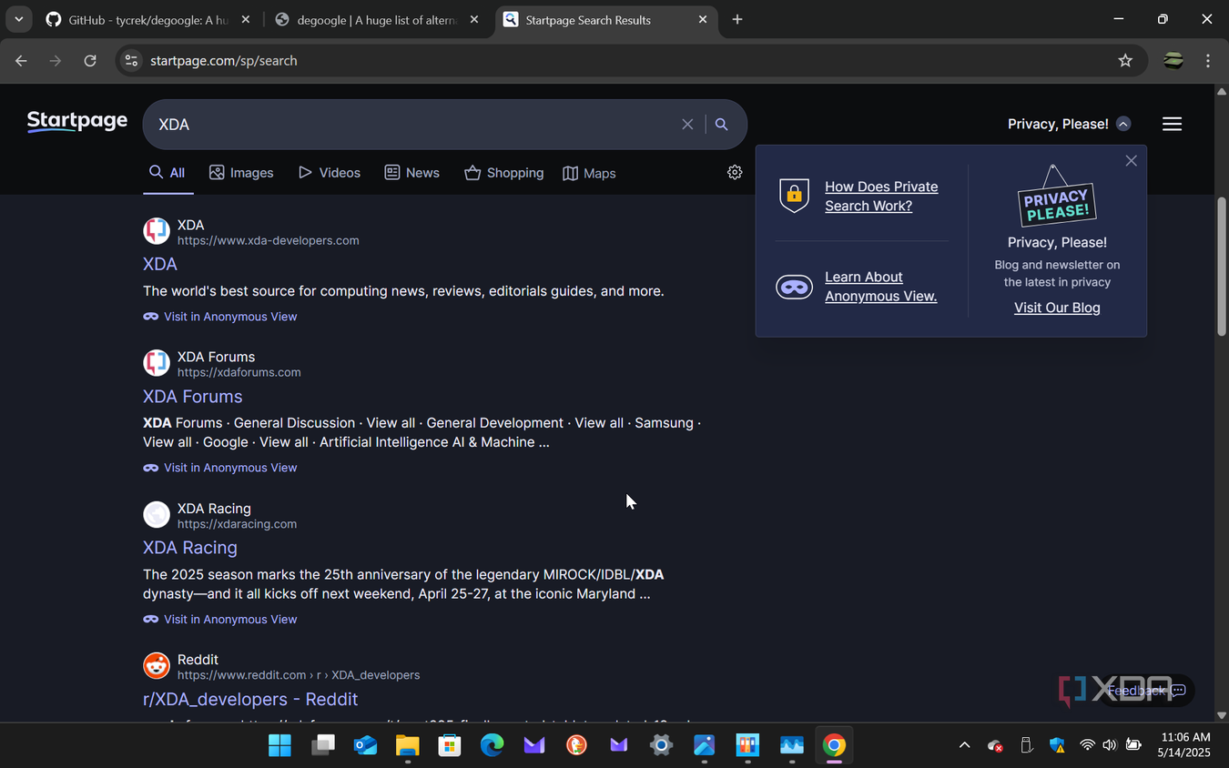 Shows Startpage search engine in Chrome