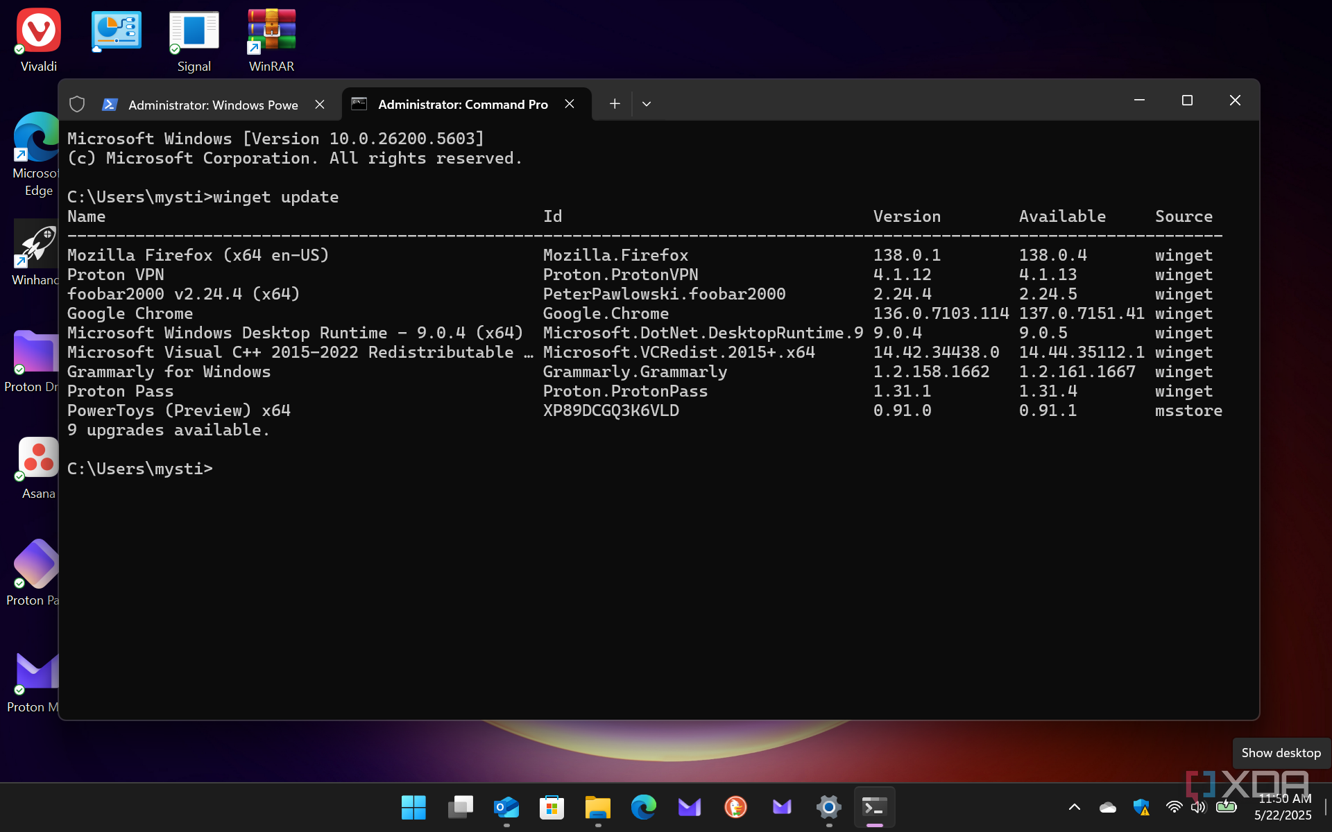 Shows winget from command prompt on second laptop results of available updates