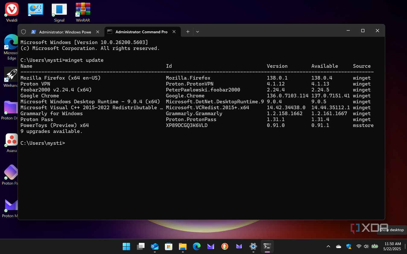 Shows winget from command prompt on second laptop results of available updates