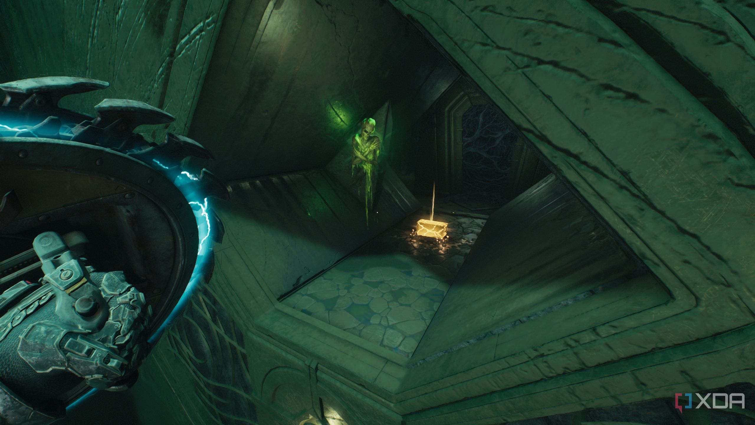 Shield Recall Jump towards a gold chest in chapter 16 of Doom: The Dark Ages.