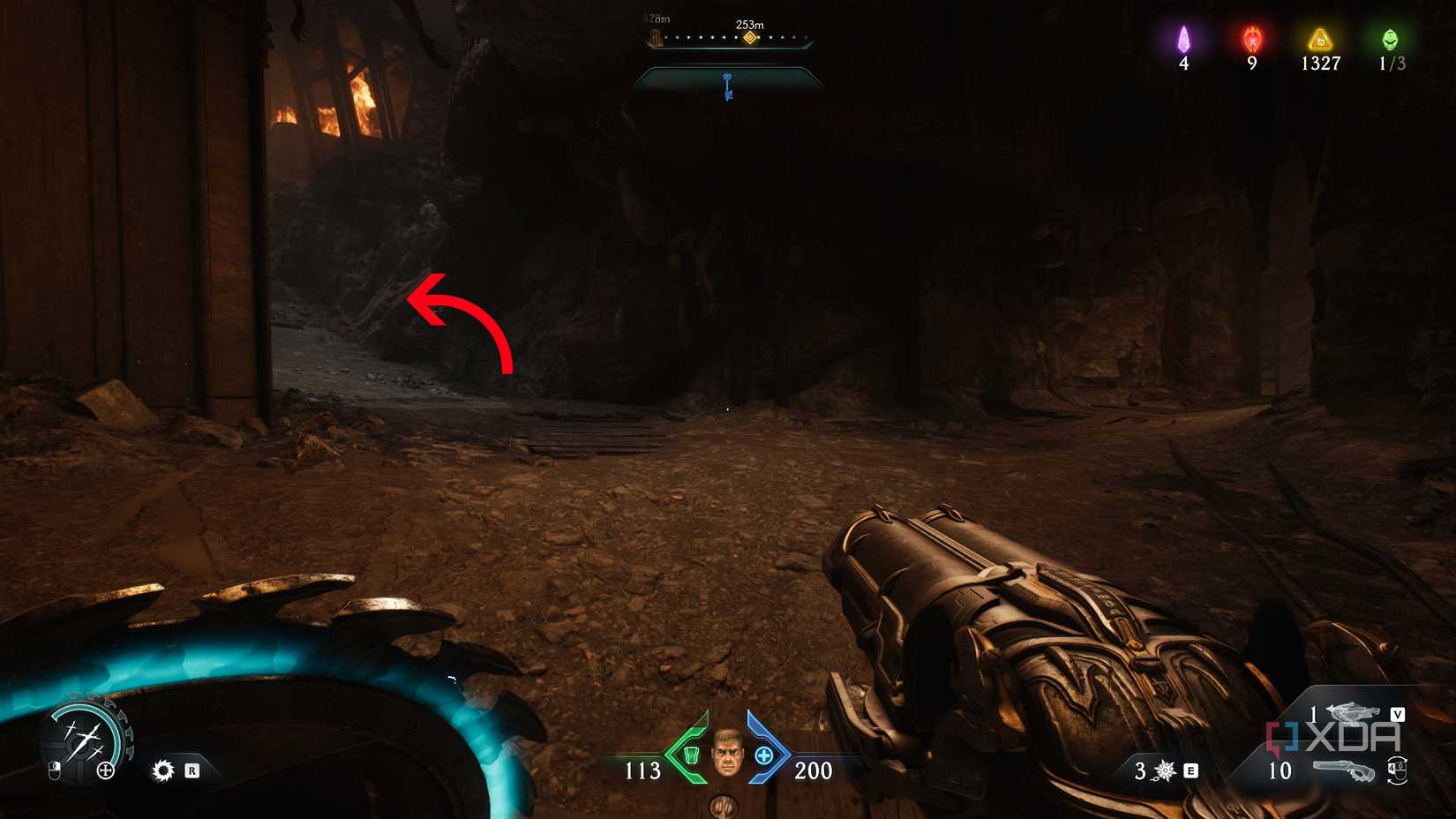 Arrow pointing left in a tunnel in chapter 20 of Doom: The Dark Ages.
