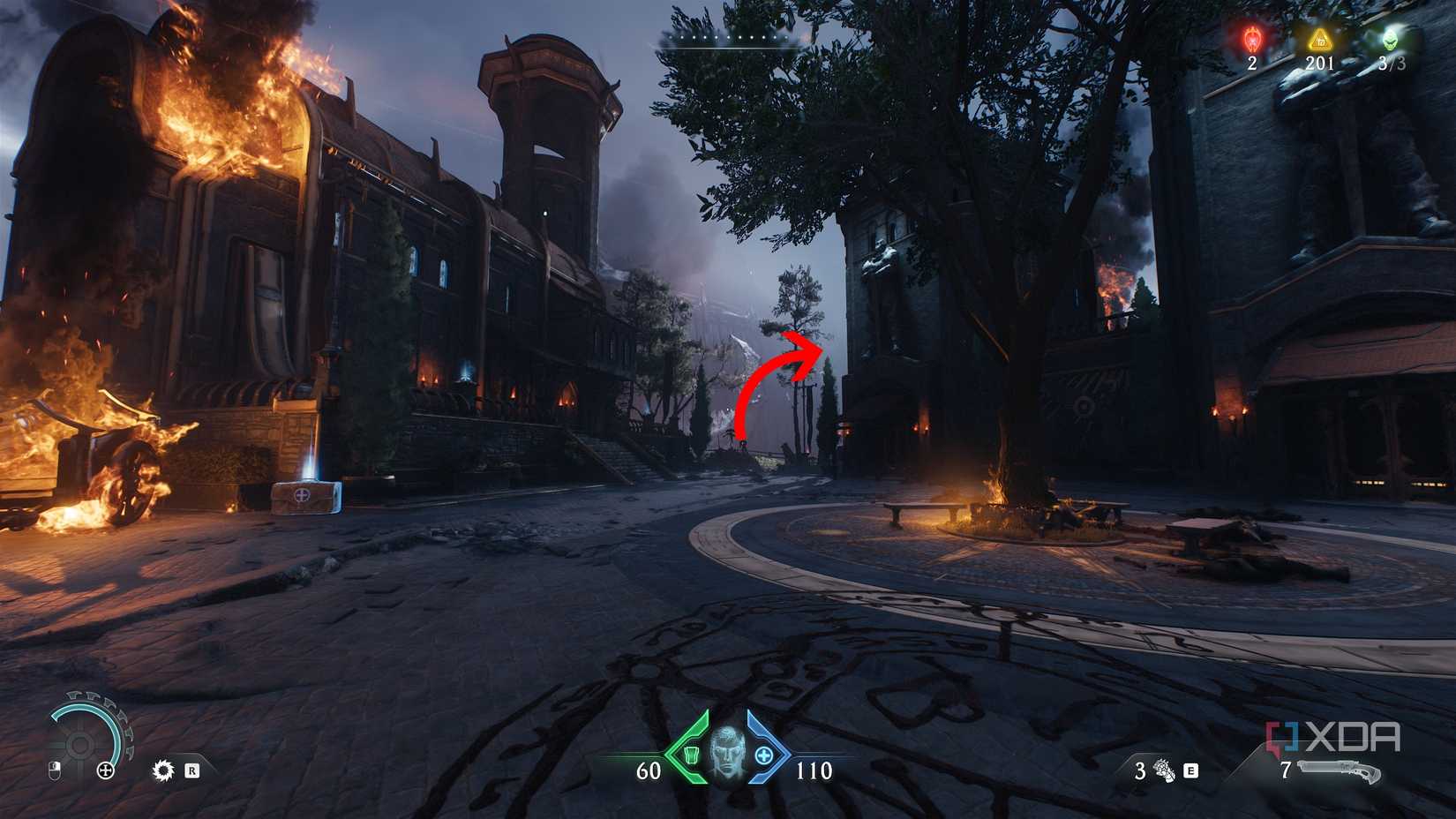 An arrow pointing to a corner in Doom: The Dark Ages.