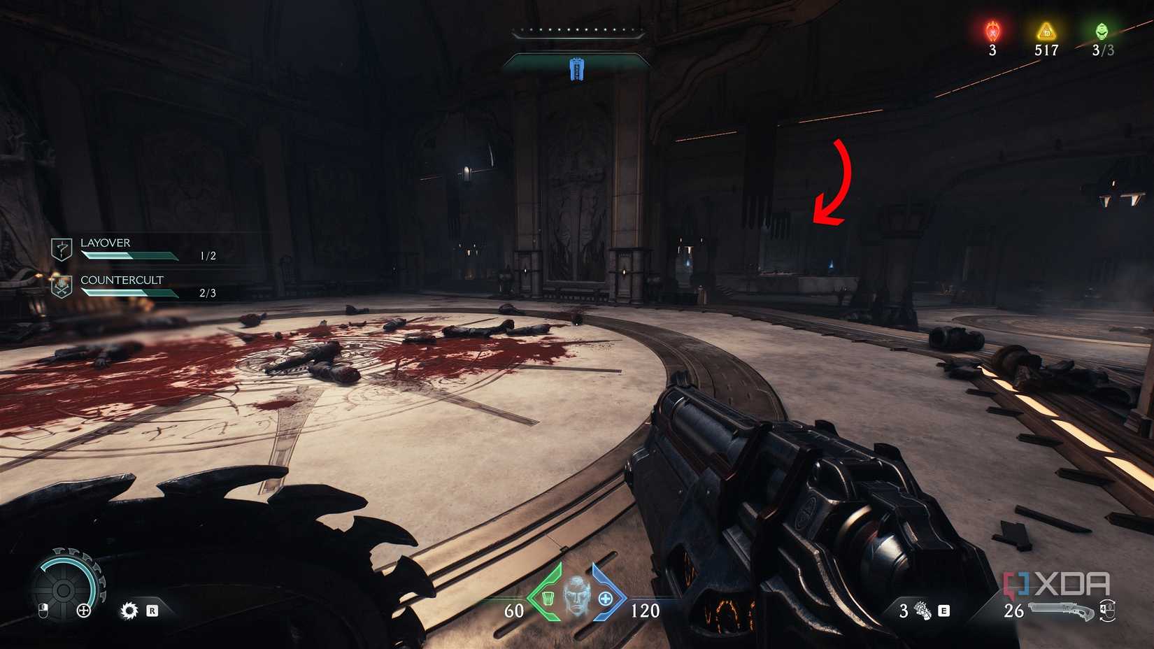An arrow pointing to an area with a gold stack in Doom: The Dark Ages.