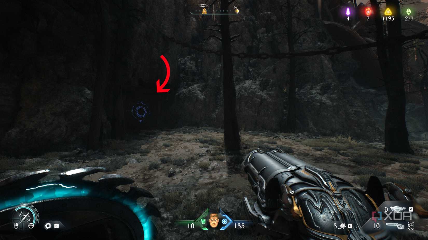 Arrow pointing to a bashable wall in chapter 20 of Doom: The Dark Ages.