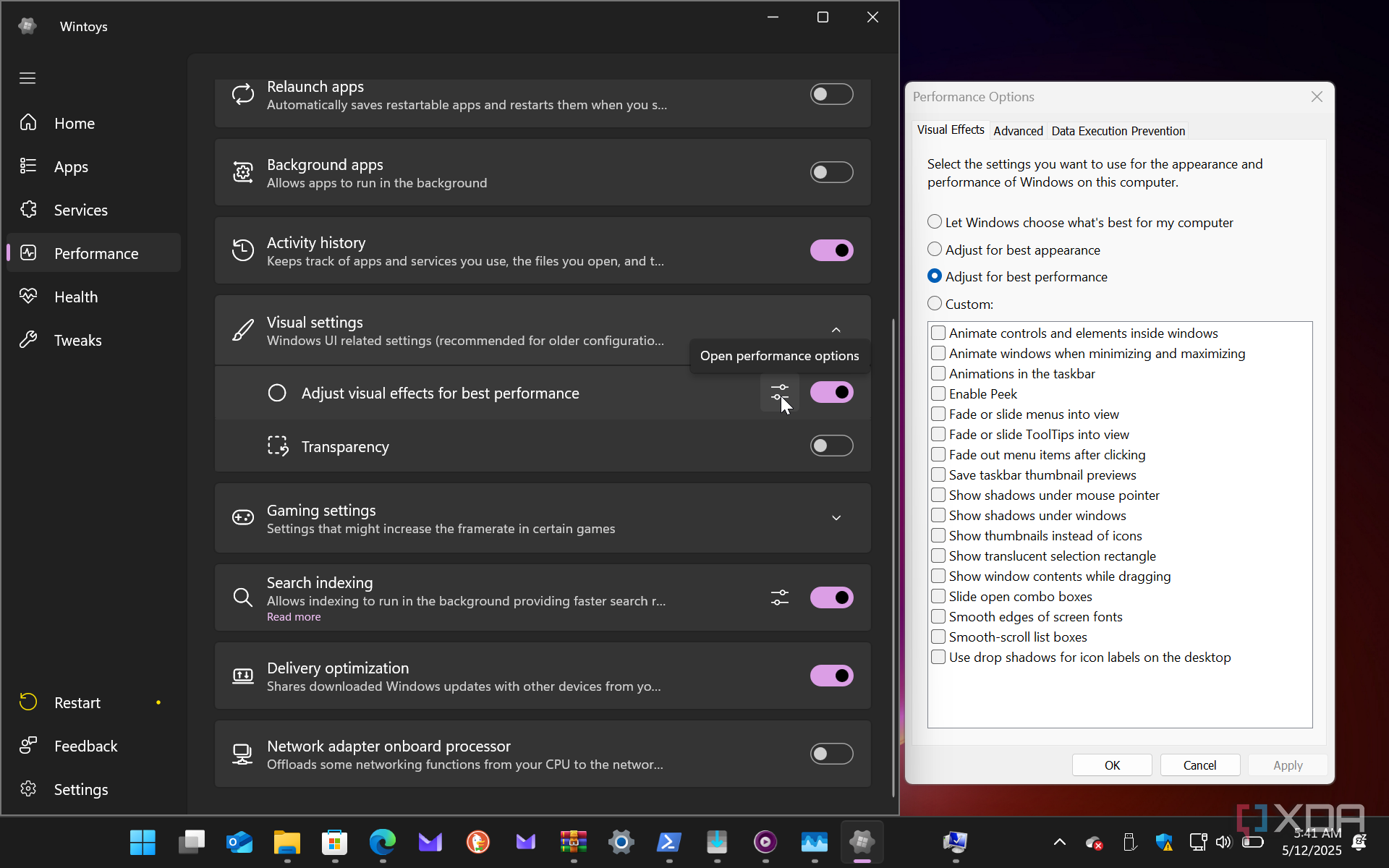 Shows managing visual effects settings in Wintoys
