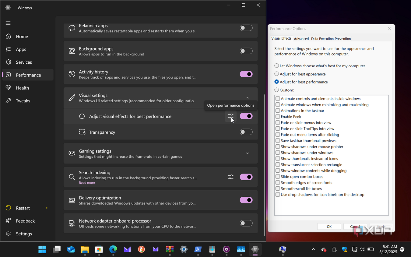 Shows managing visual effects settings in Wintoys