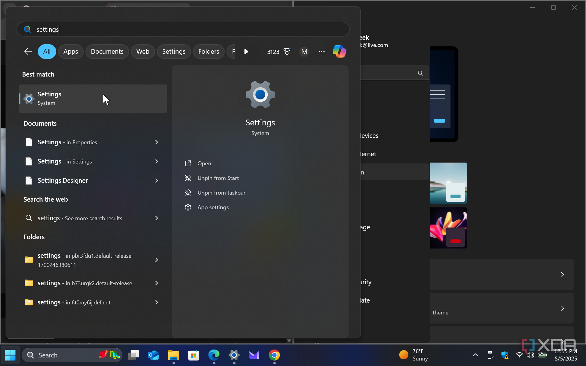 Shows settings in Start menu
