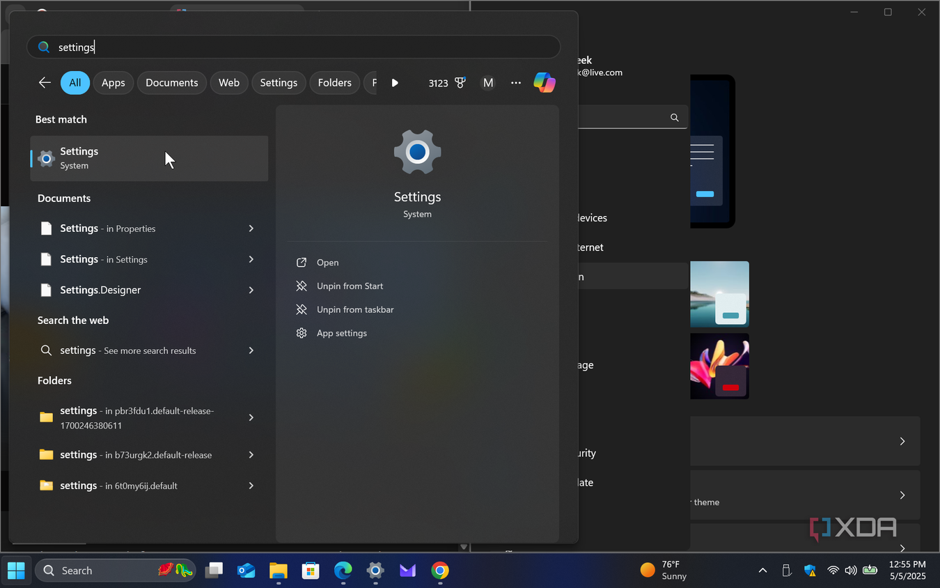 Shows settings in Start menu