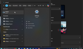 Shows settings in Start menu