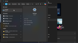 Shows settings in Start menu
