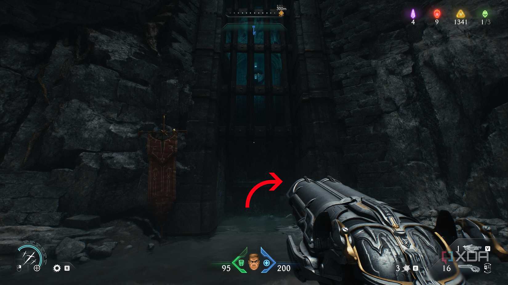 Arrow pointing right from a gate in chapter 20 of Doom: The Dark Ages.