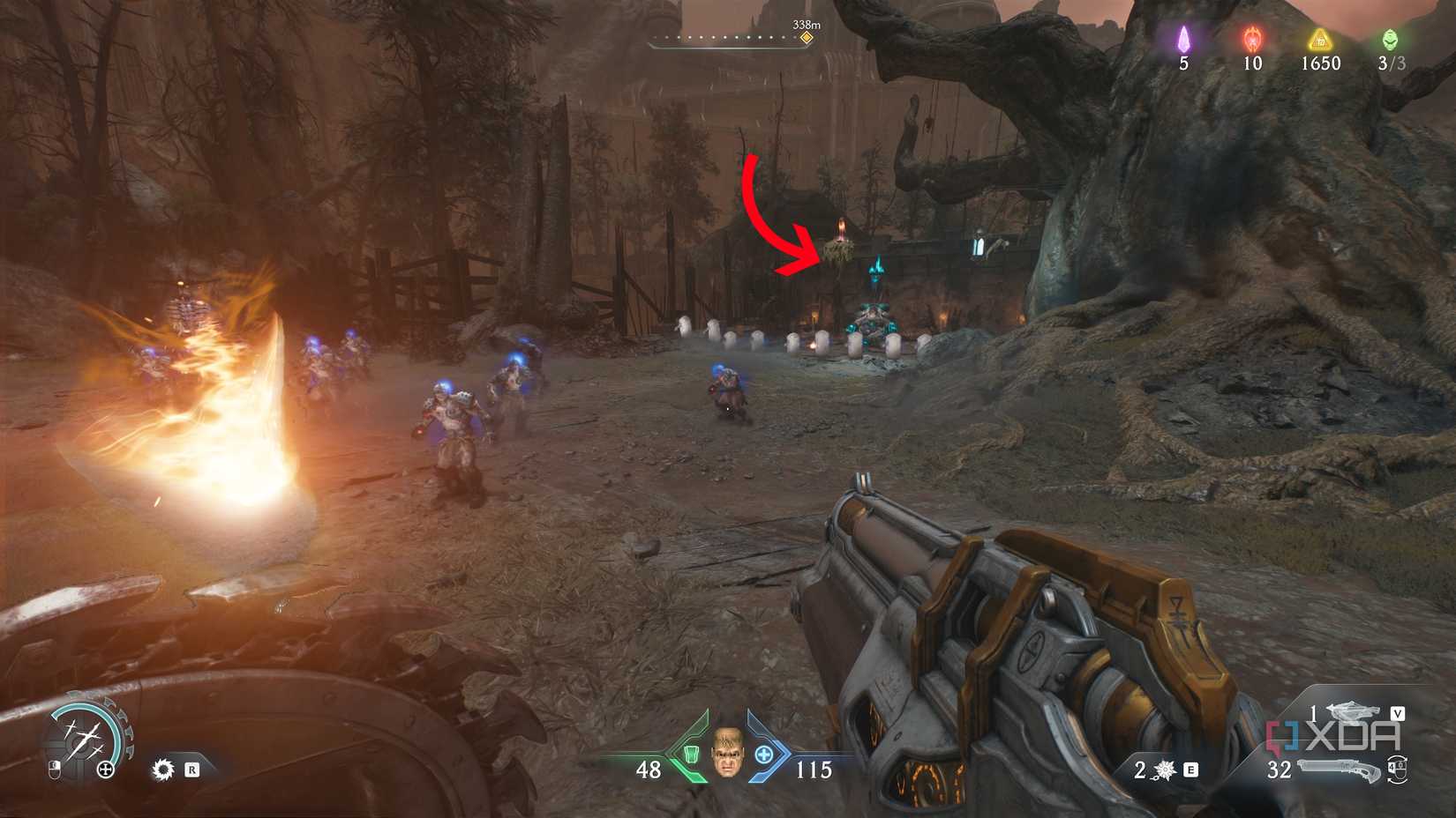 Arrow pointing to a Mancubus encounter in chapter 20 of Doom: The Dark Ages.