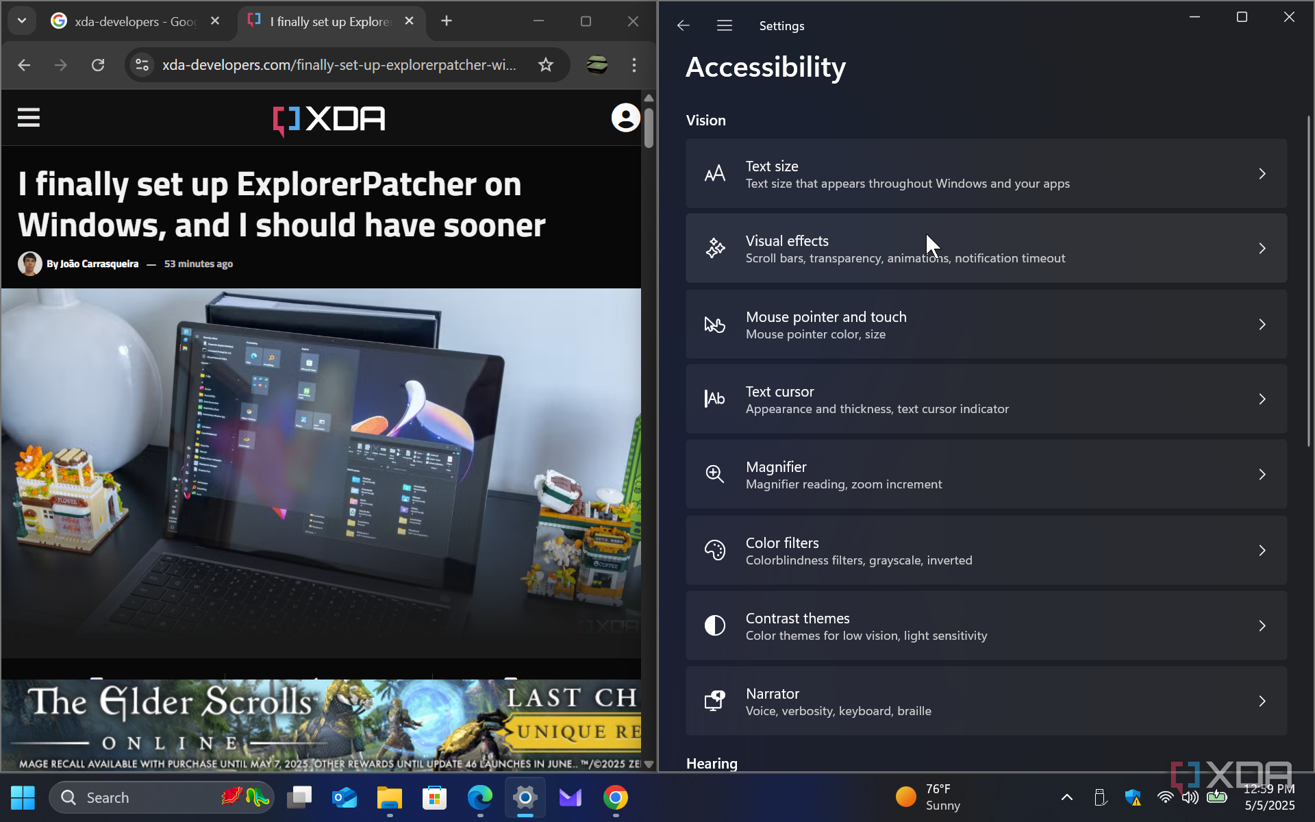 Shows accessibility settings with visual effects selected
