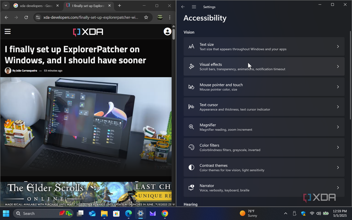 Shows accessibility settings with visual effects selected