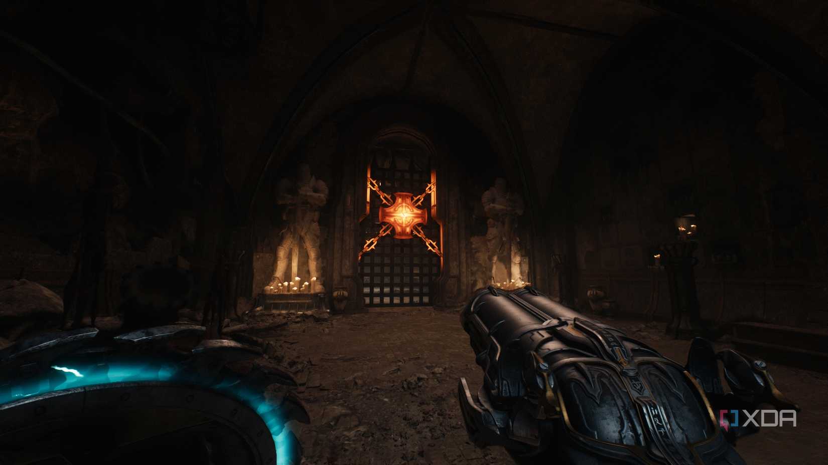 Heated metal cross barricade in chapter 20 of Doom: The Dark Ages.
