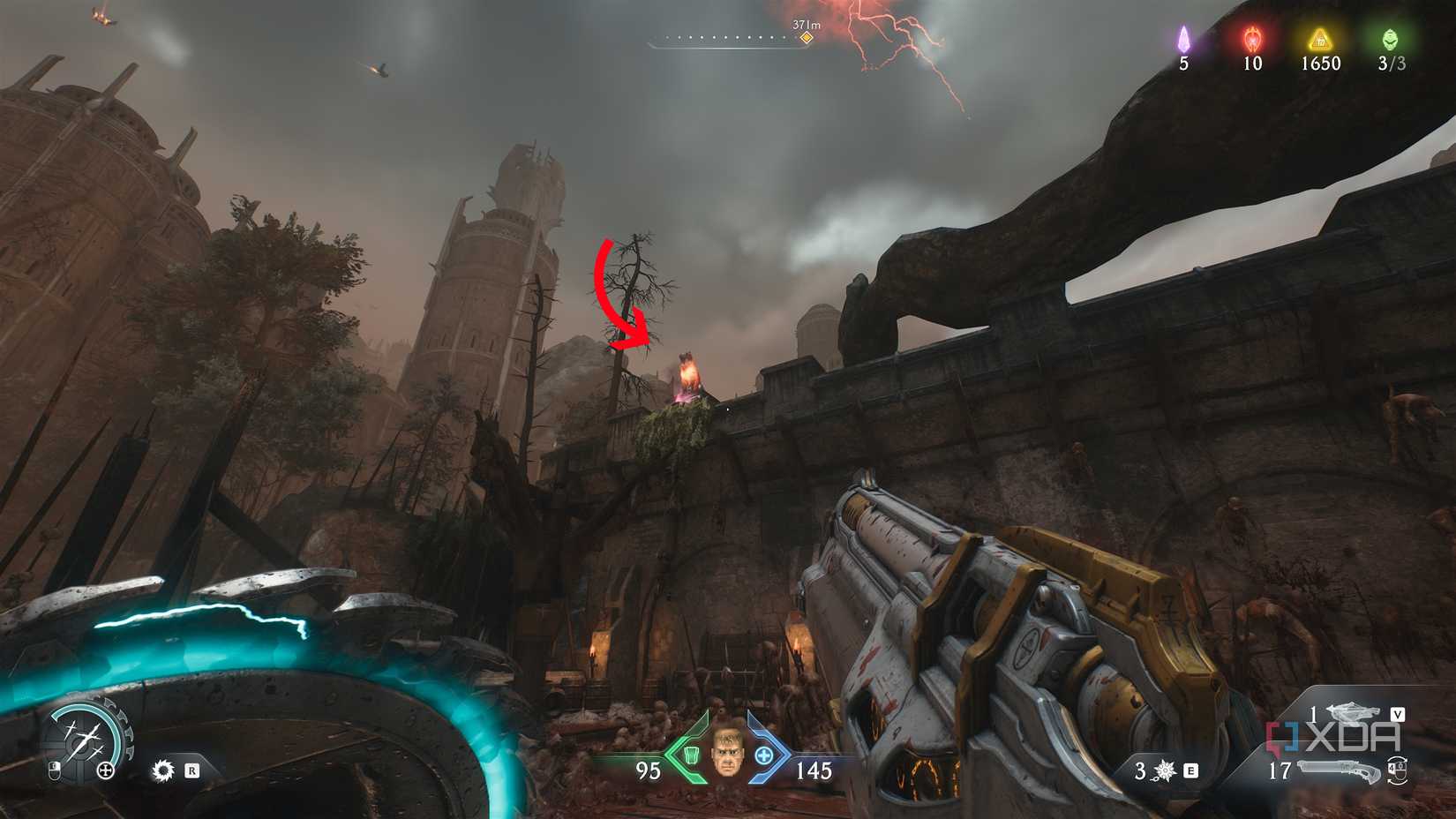 Arrow pointing to a wolf statue overhead in chapter 20 of Doom: The Dark Ages.