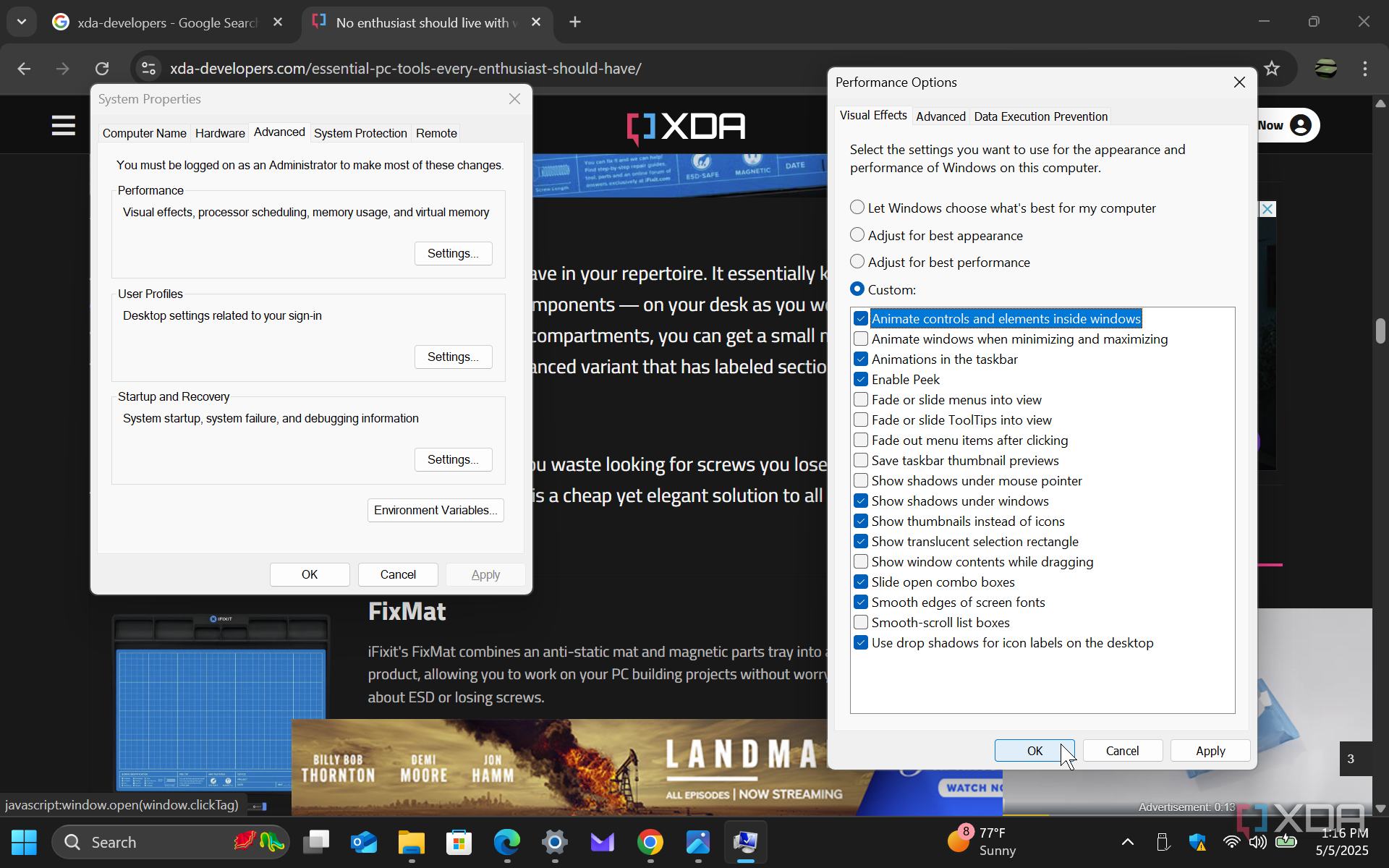 Shows adjusting animation effects manually on Windows