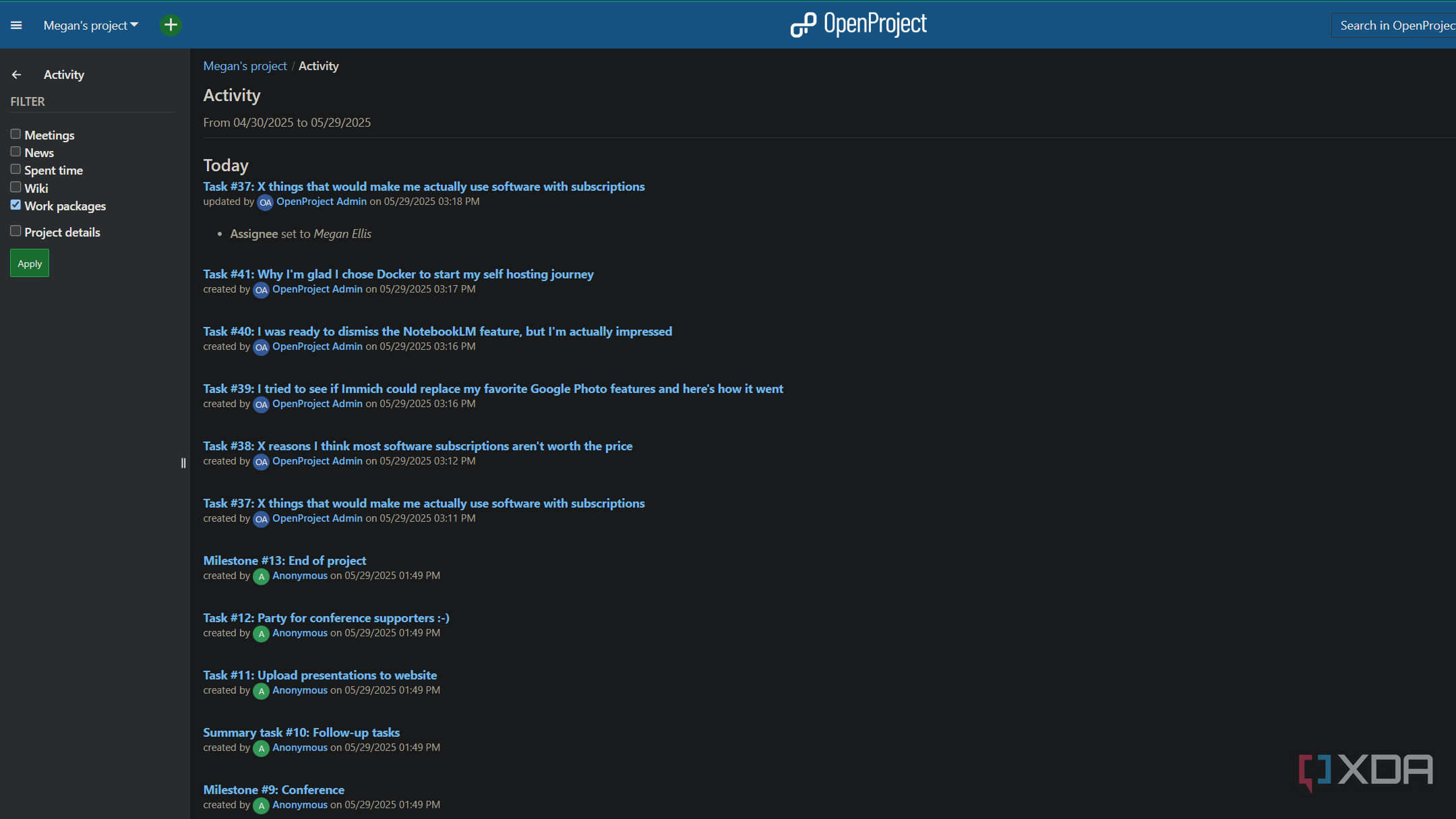activity feed in openproject