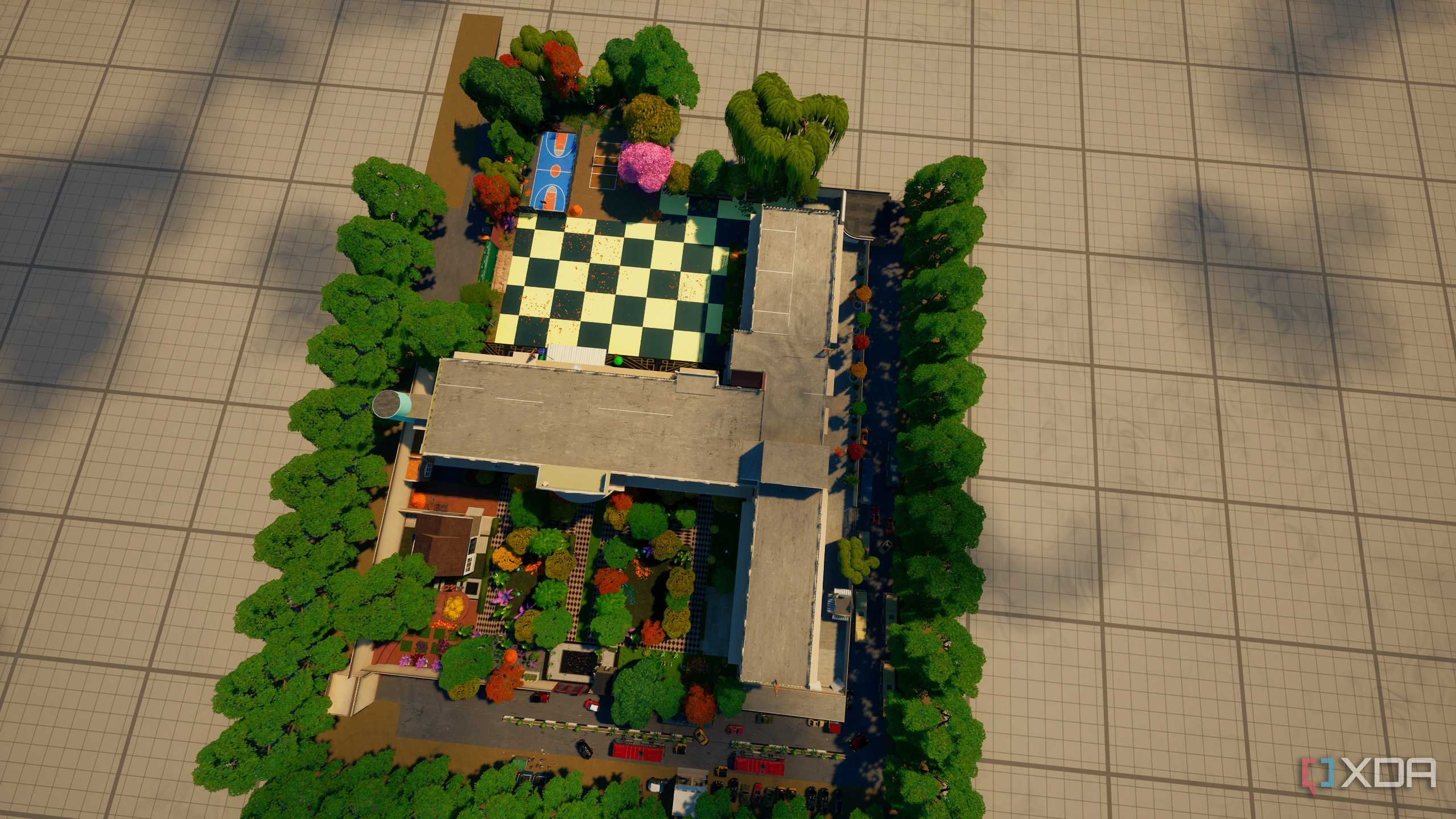 Top-down aerial view of a custom high-school map in Fortnite.