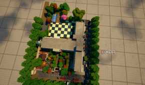 Top-down aerial view of a custom high-school map in Fortnite.