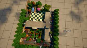 Top-down aerial view of a custom high-school map in Fortnite.