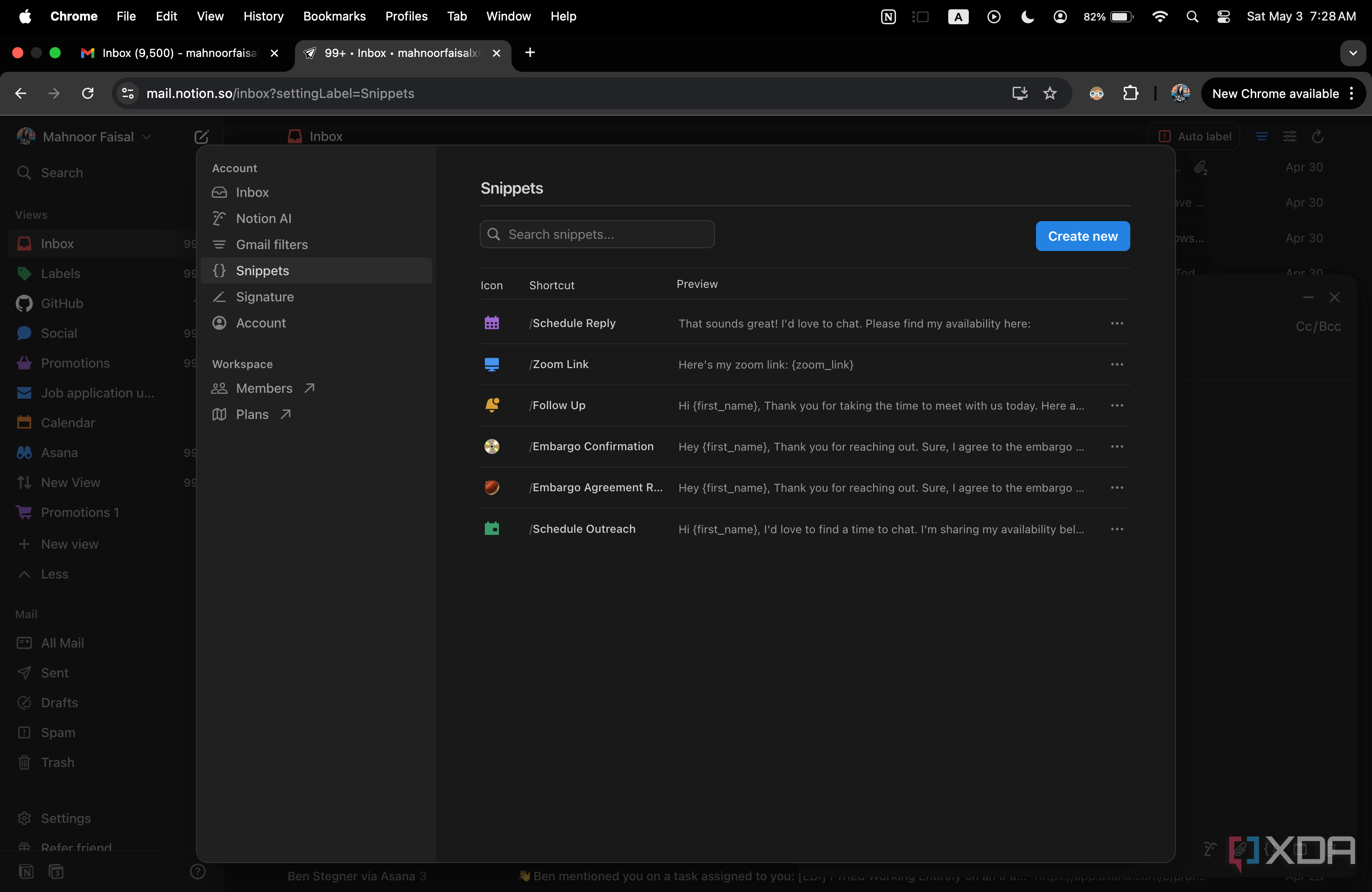 Snippets window in Notion Mail