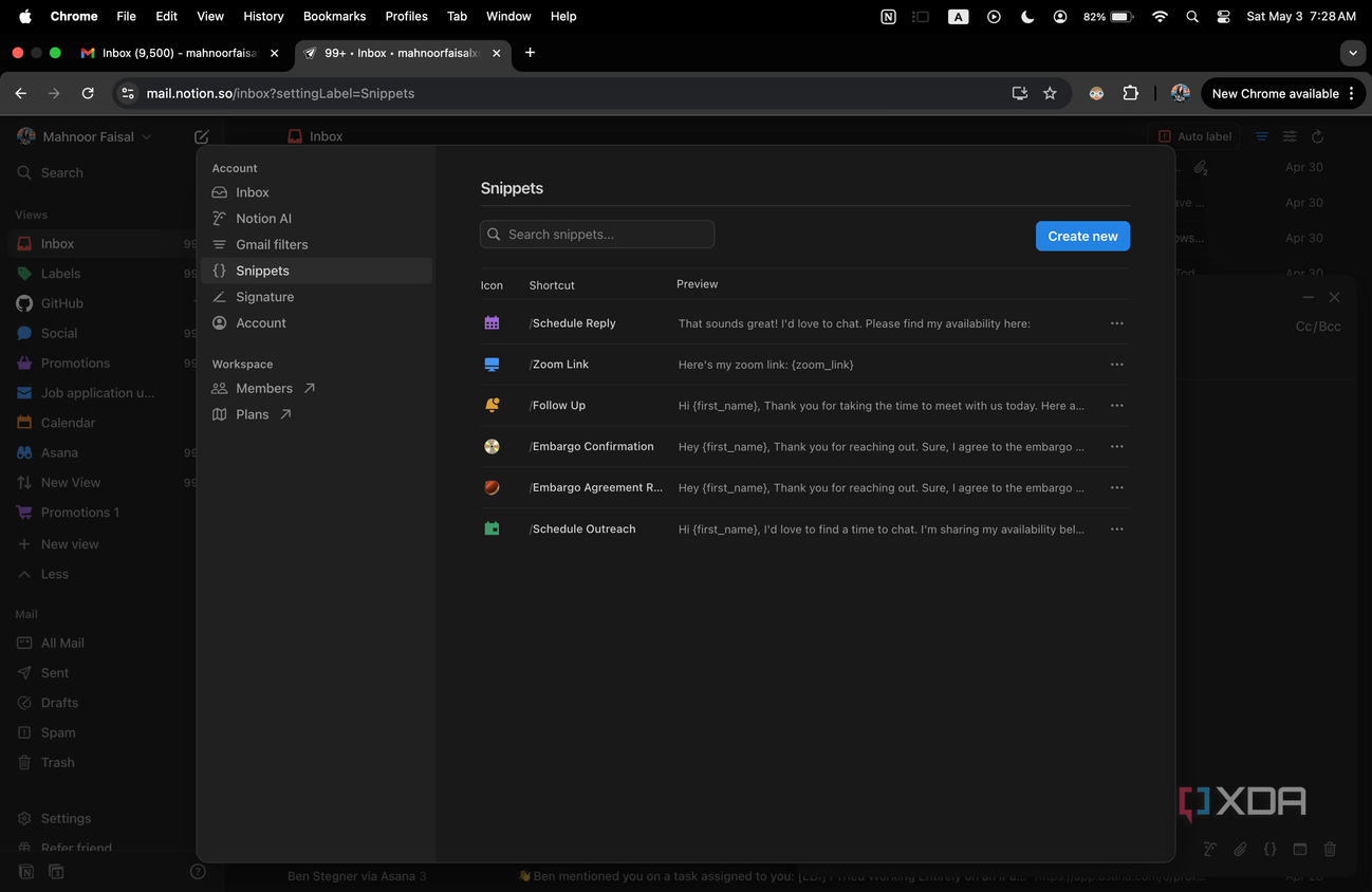 Snippets window in Notion Mail