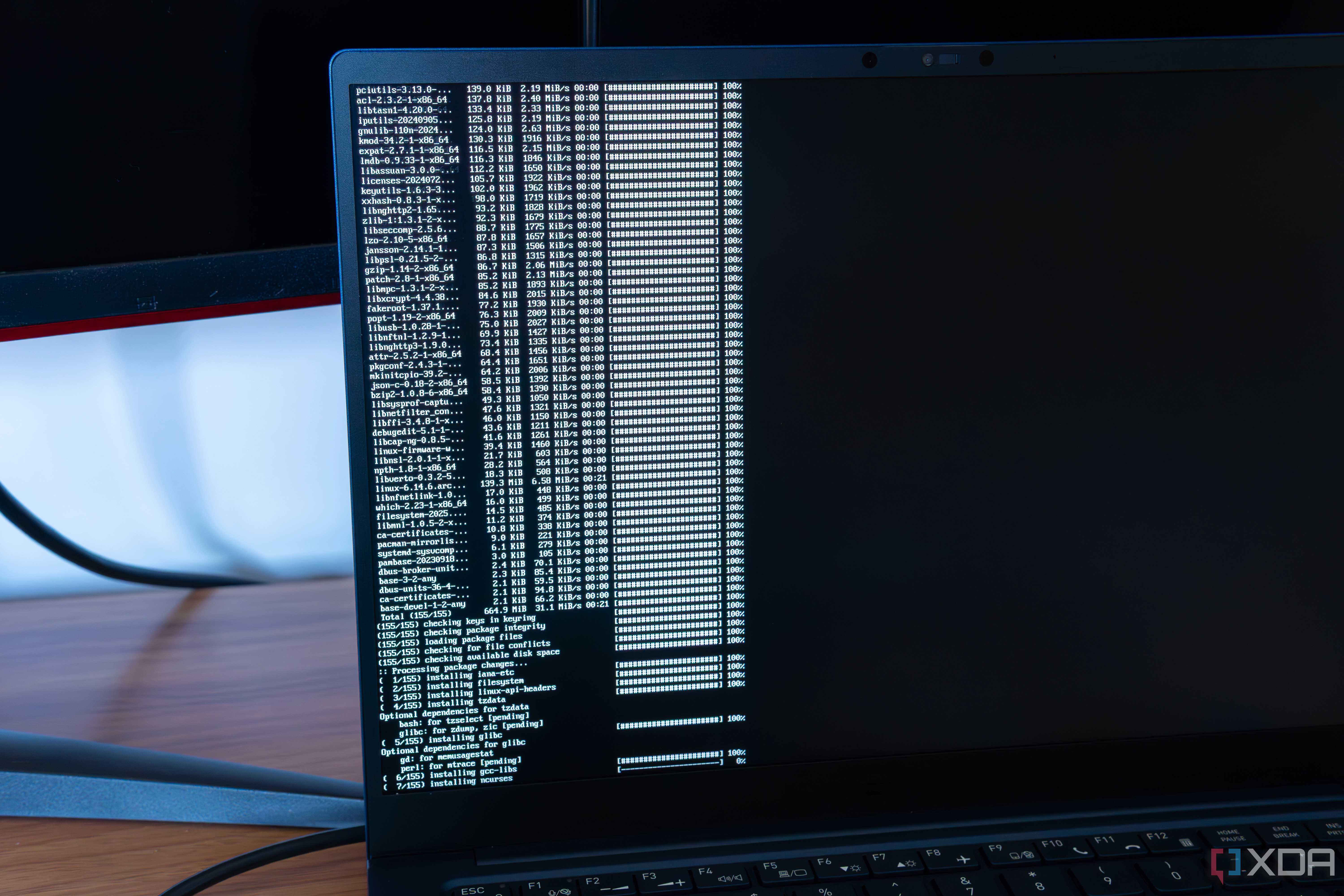 Close-up of a laptop while installing Arch Linux