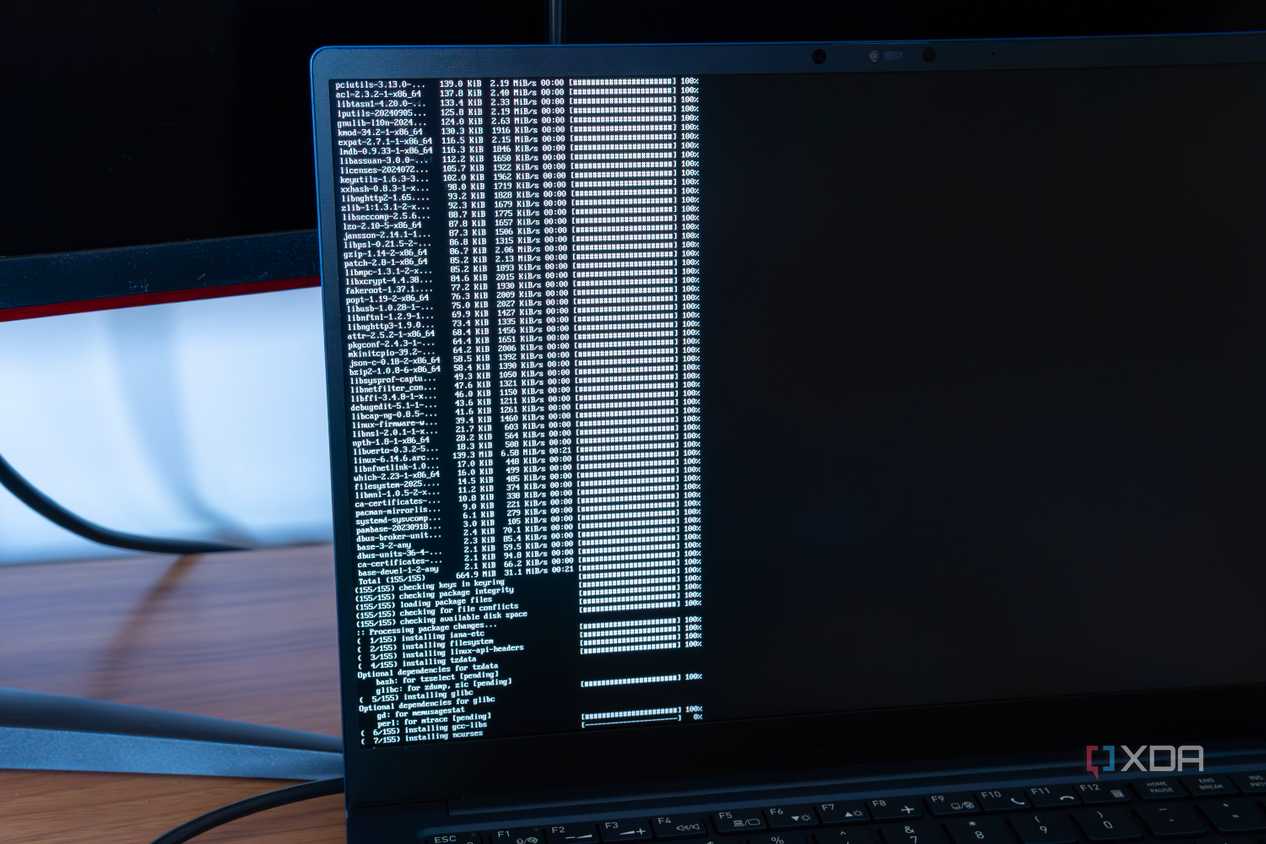 Close-up of a laptop while installing Arch Linux