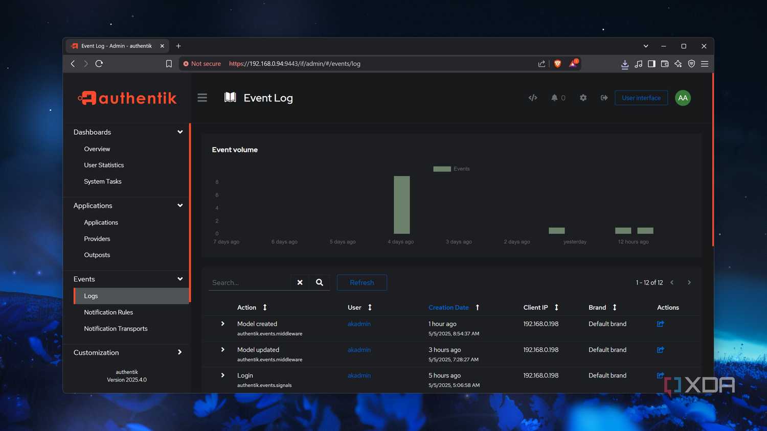 The Event Log in the Authentik web UI