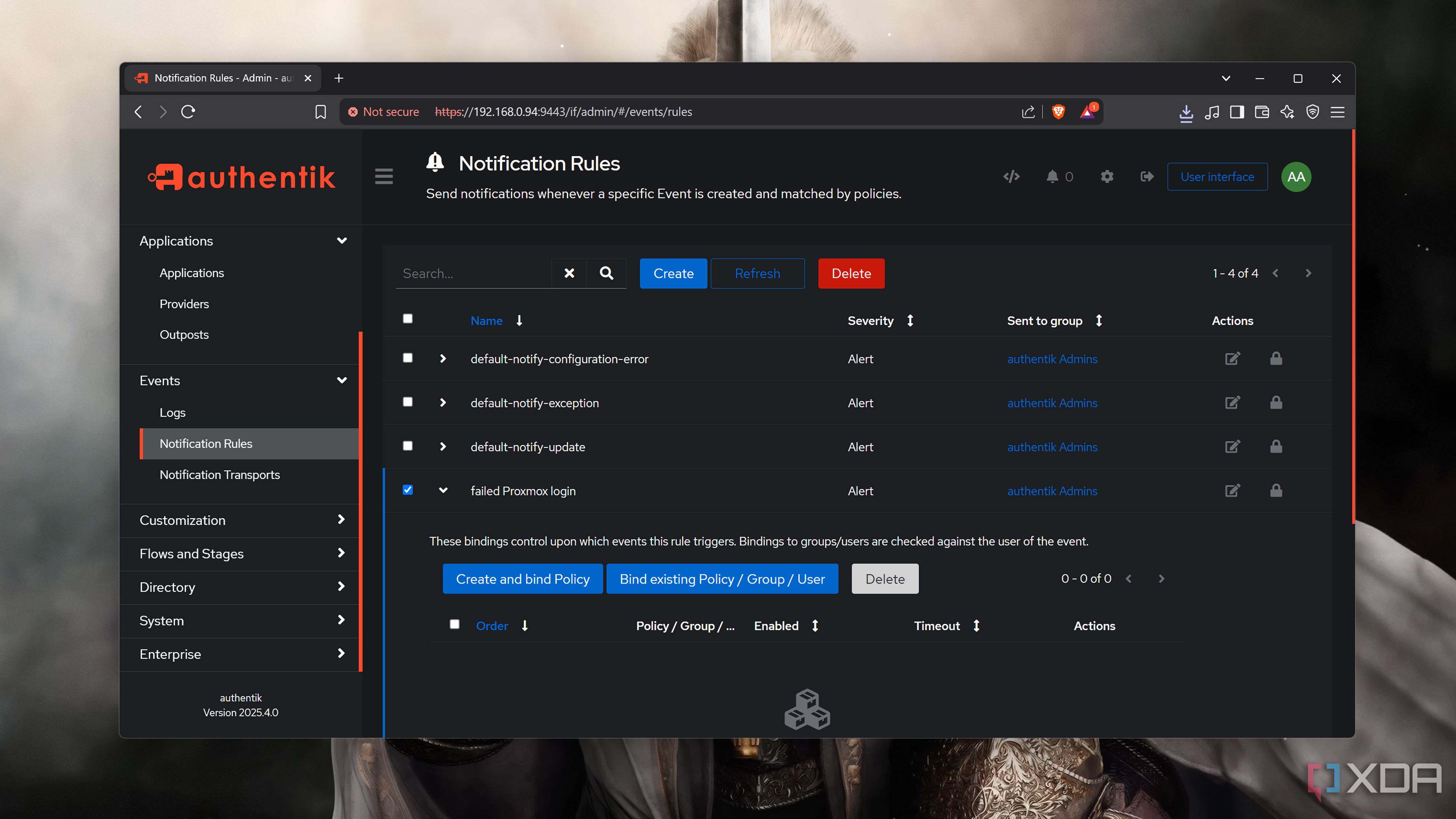The Notification Rules tab in the Authentik web UI