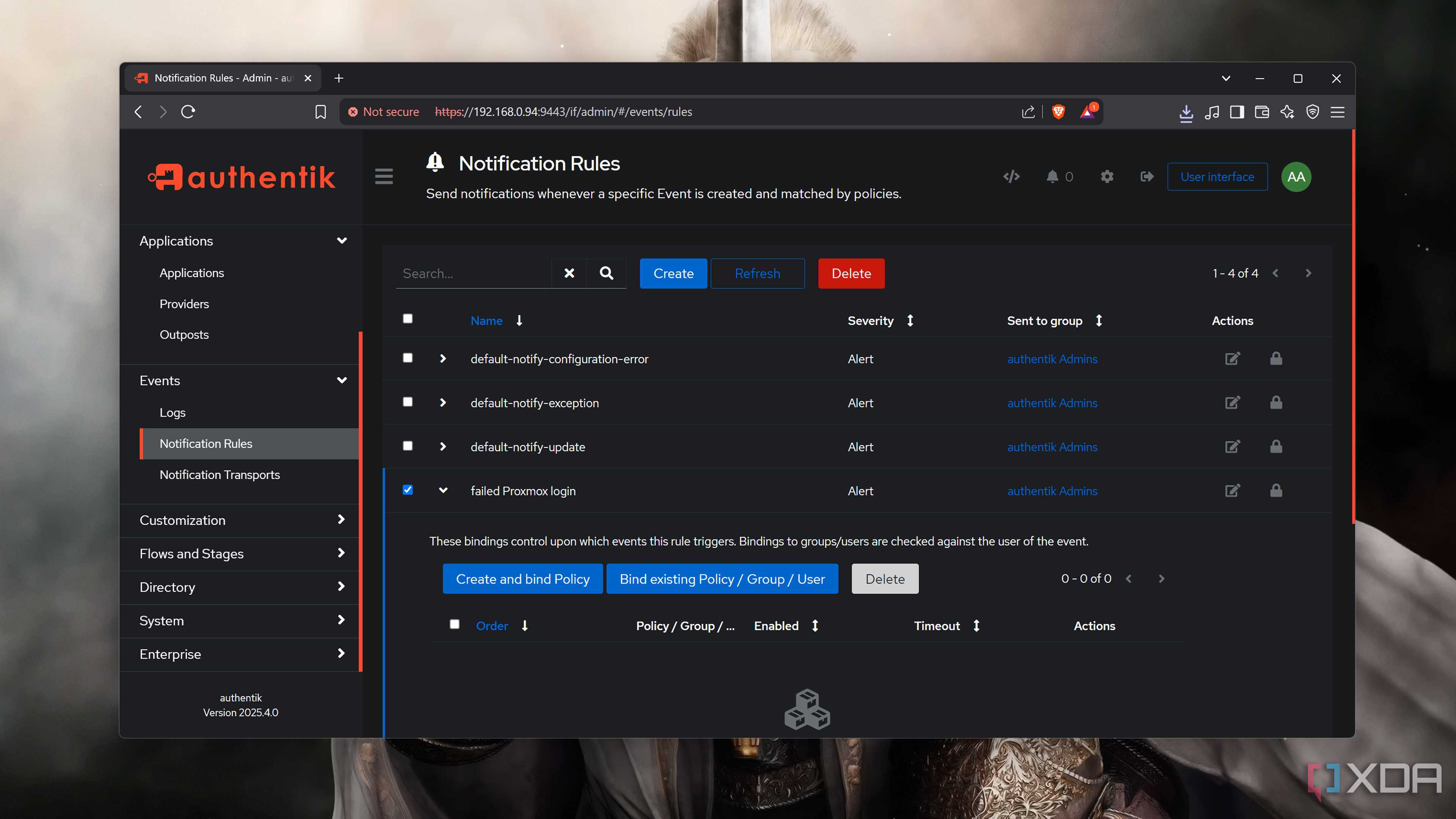 The Notification Rules tab in the Authentik web UI