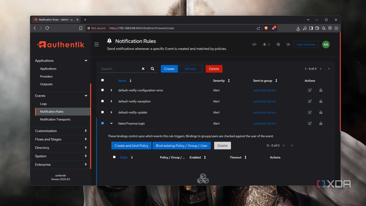 The Notification Rules tab in the Authentik web UI