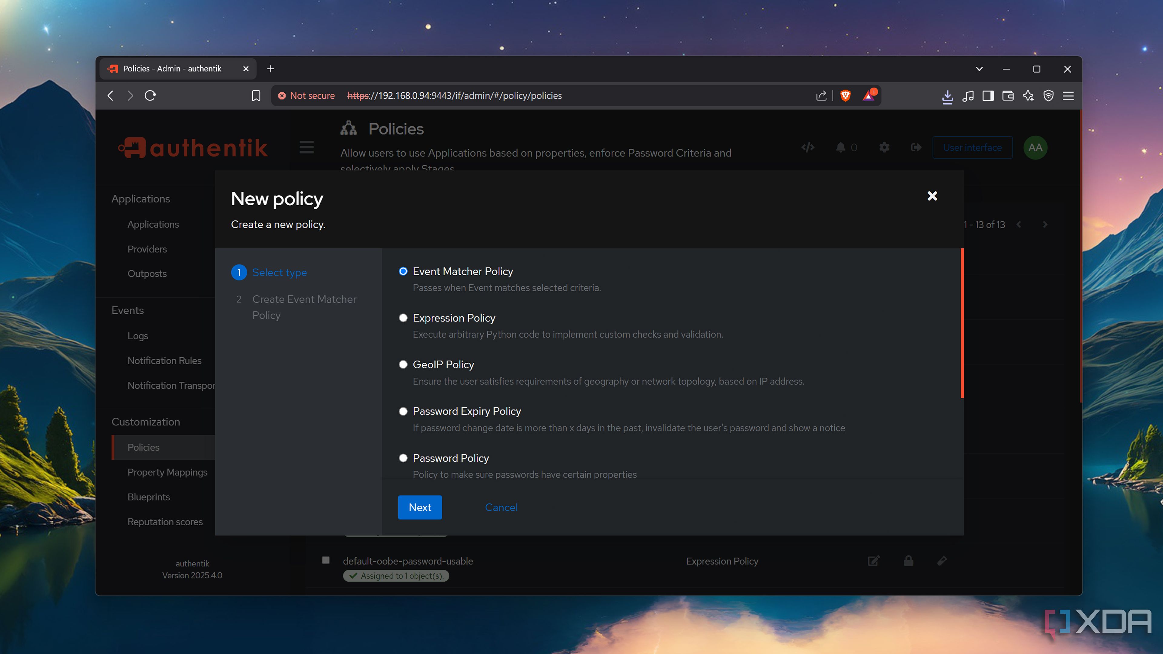The Policy panel in the Authentik web UI
