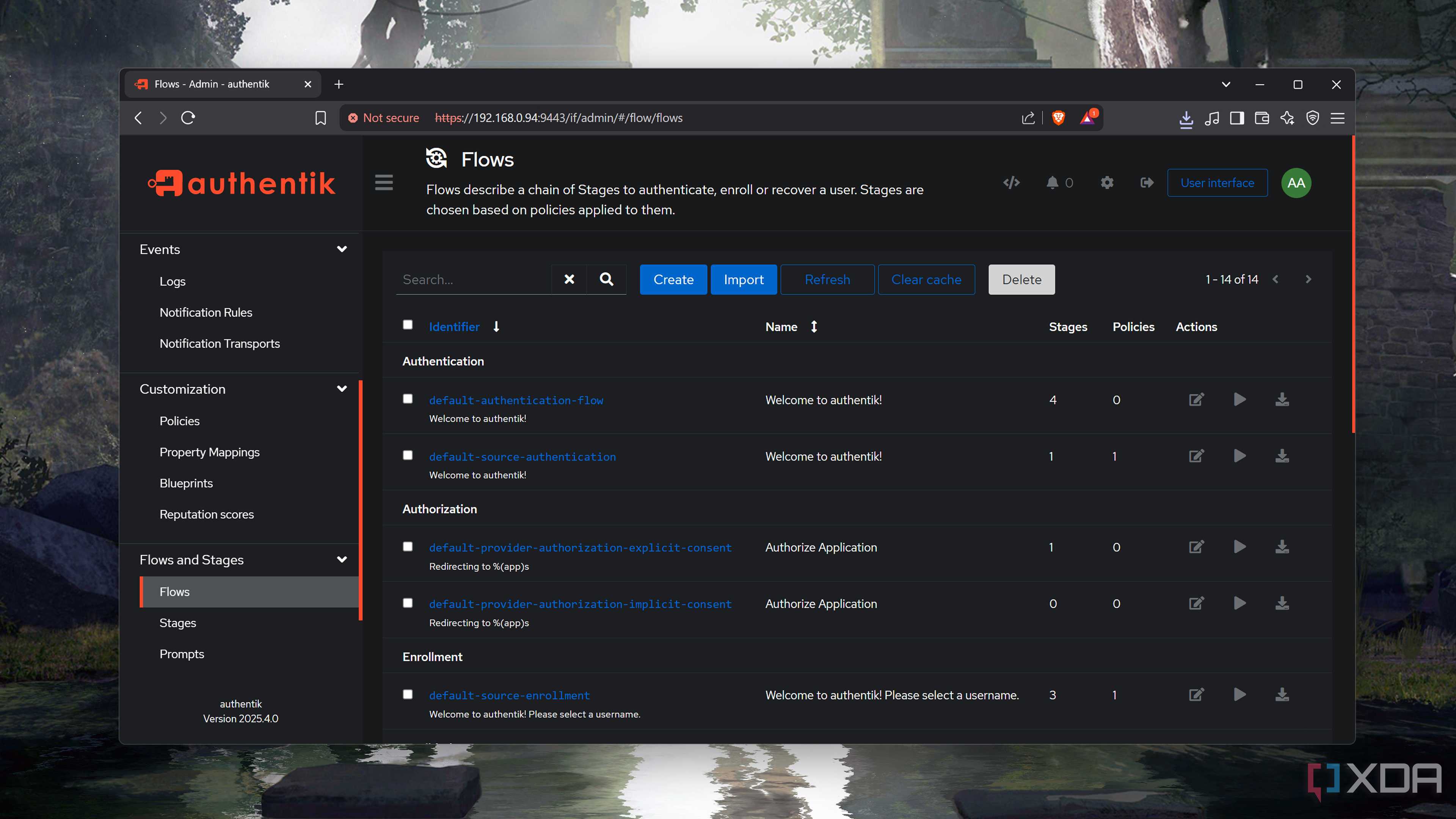 The Flows panel in the Authentik web UI