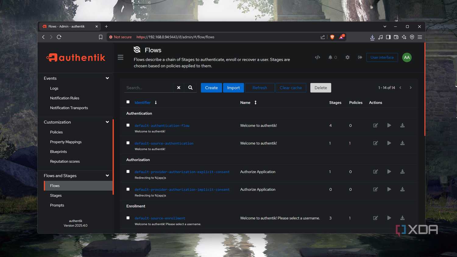 The Flows panel in the Authentik web UI