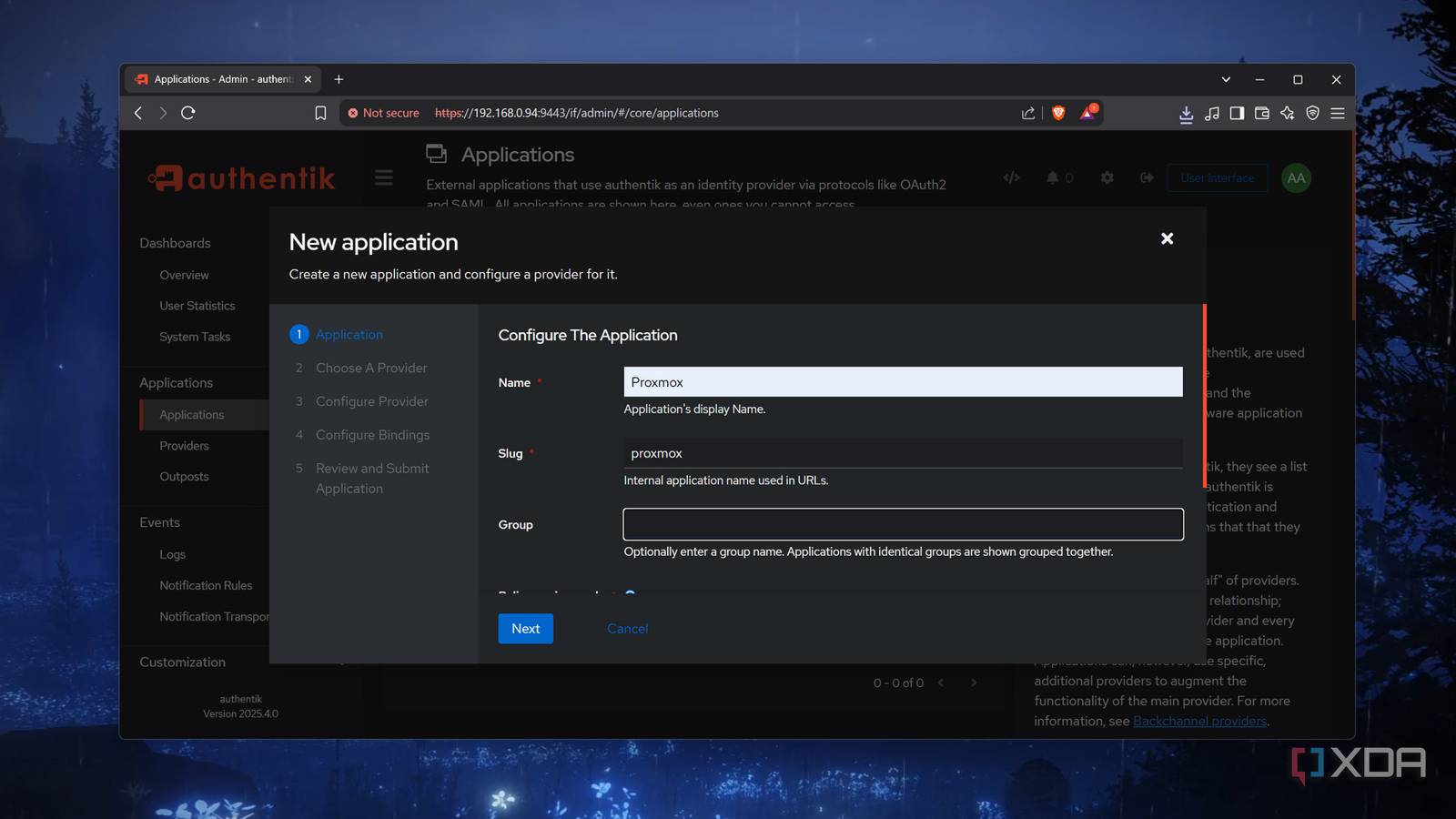 The Applications panel in the Authentik web UI