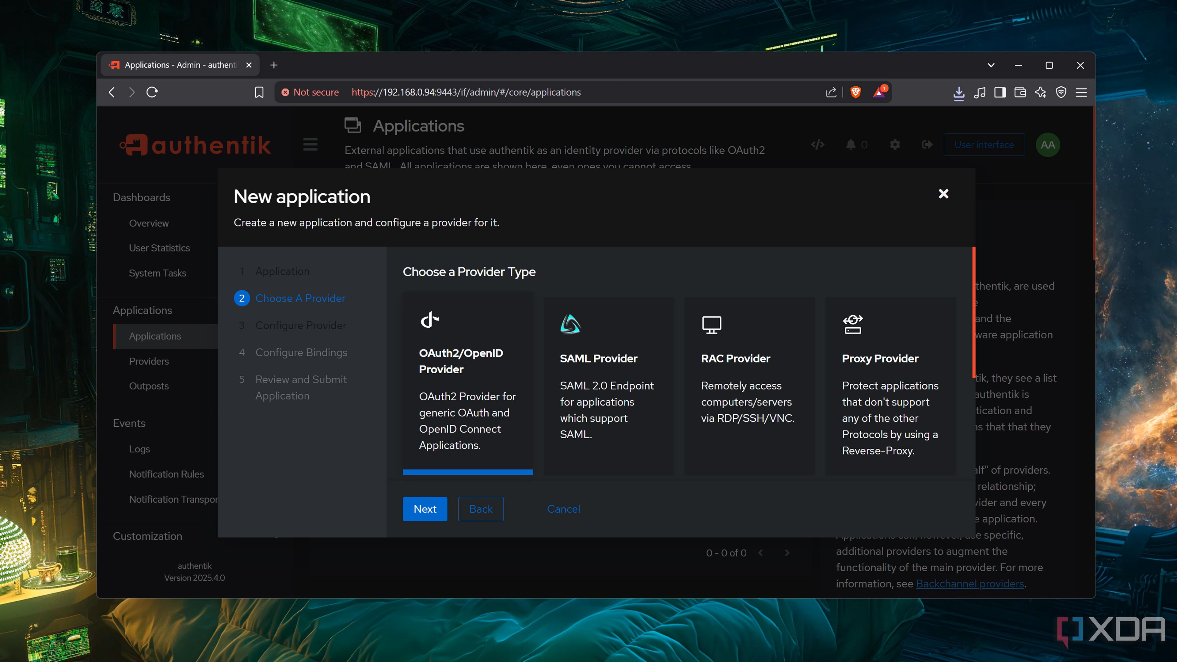 Choosing a Provider type in the Authentik web UI