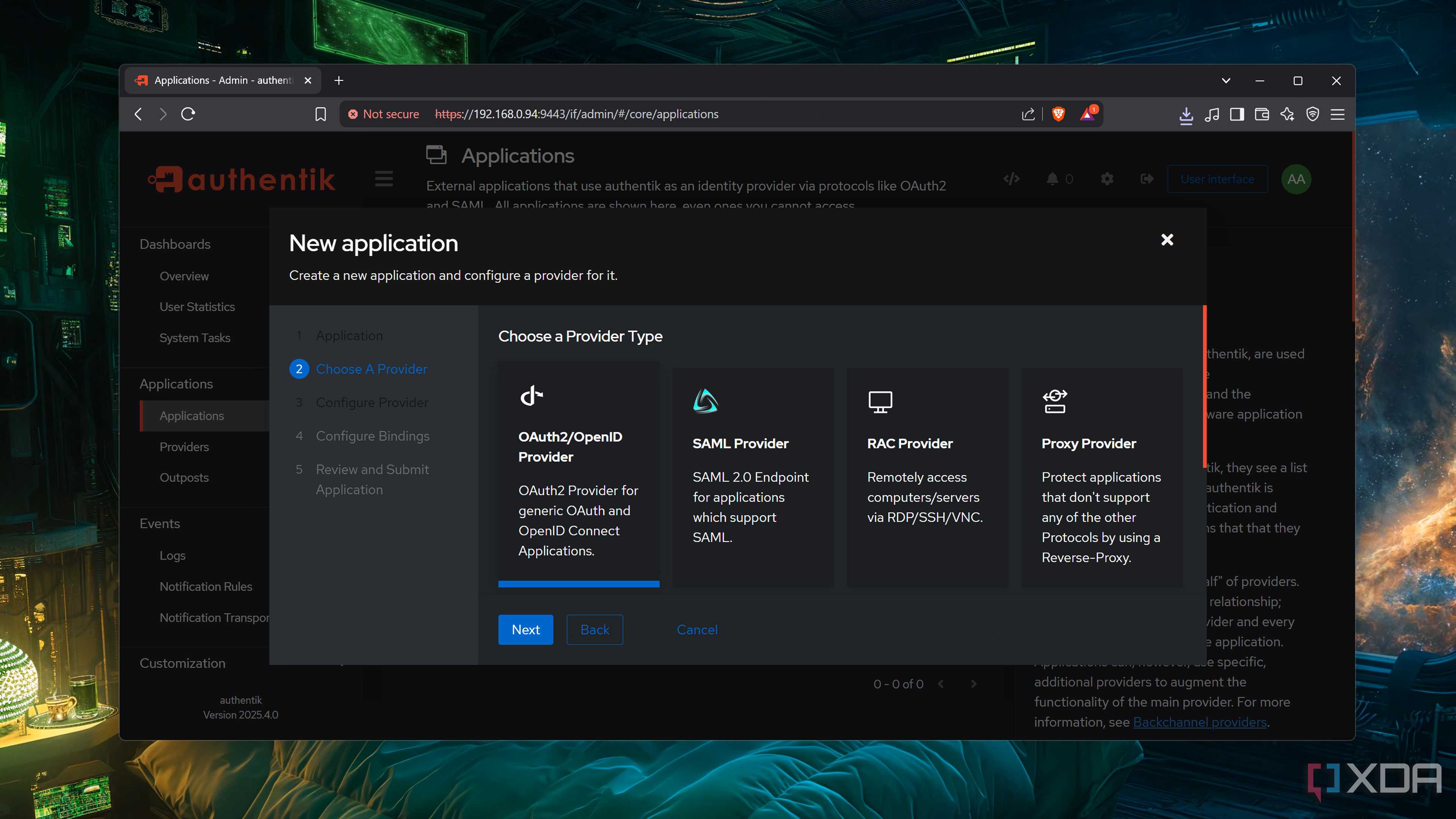 Choosing a Provider type in the Authentik web UI
