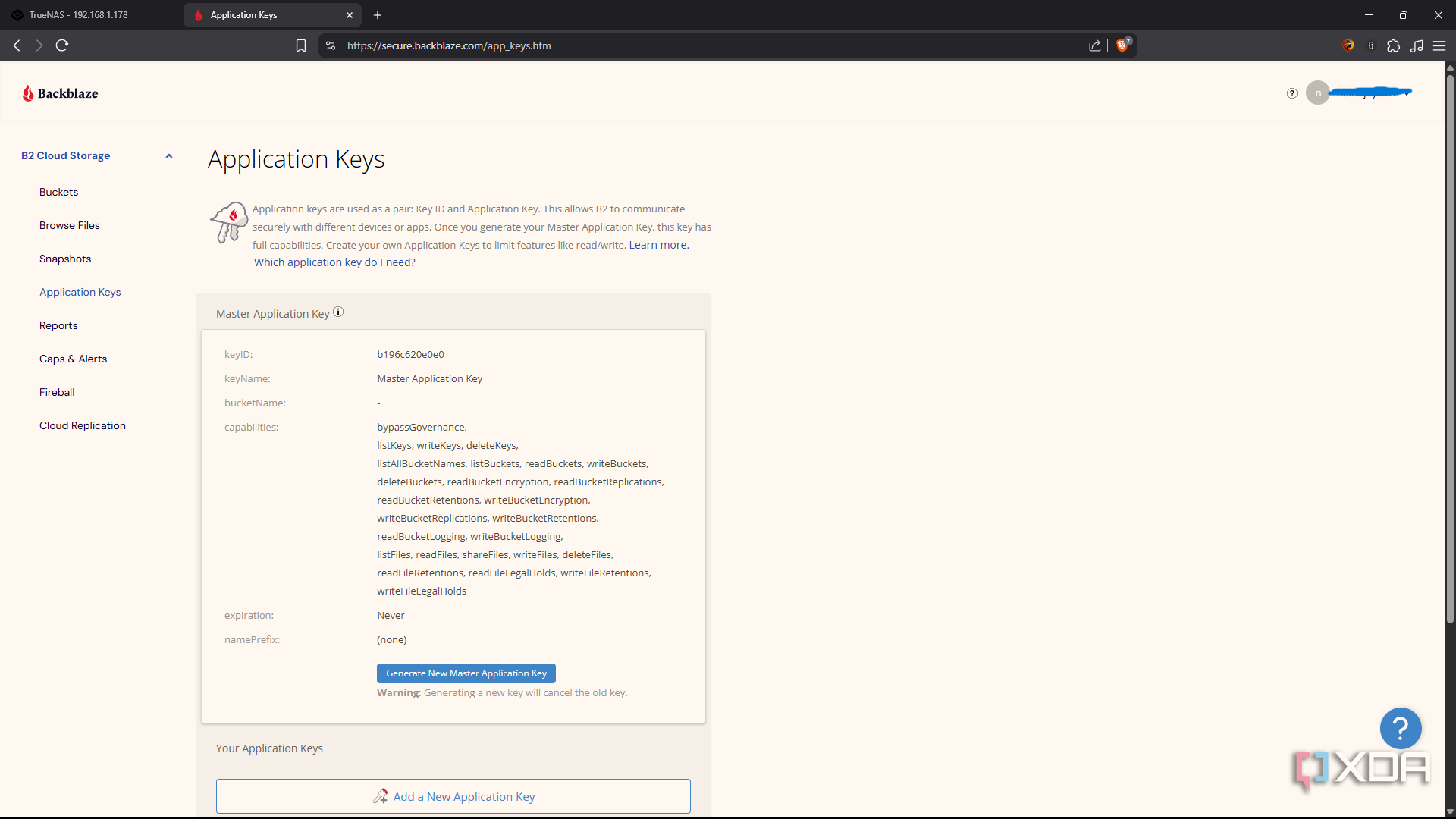 Backblaze Application Keys page