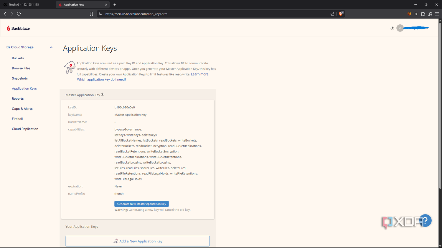 Backblaze Application Keys page