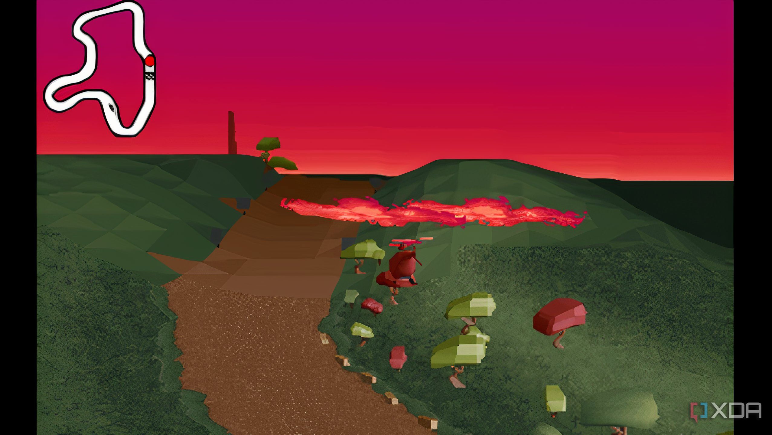 A screenshot from the game Big Red Racing, showing a top-down view of a racing map while a red helicopter flies in the air.