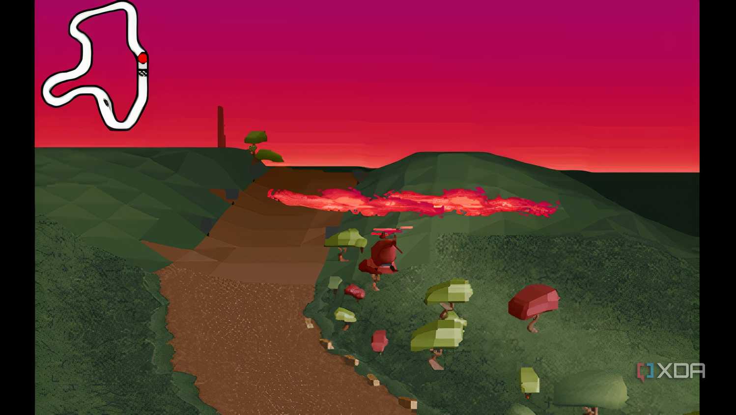 A screenshot from the game Big Red Racing, showing a top-down view of a racing map while a red helicopter flies in the air.
