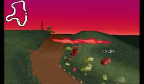 A screenshot from the game Big Red Racing, showing a top-down view of a racing map while a red helicopter flies in the air.