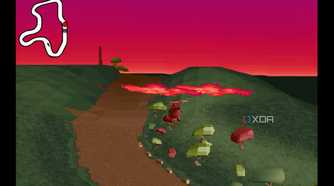 A screenshot from the game Big Red Racing, showing a top-down view of a racing map while a red helicopter flies in the air.