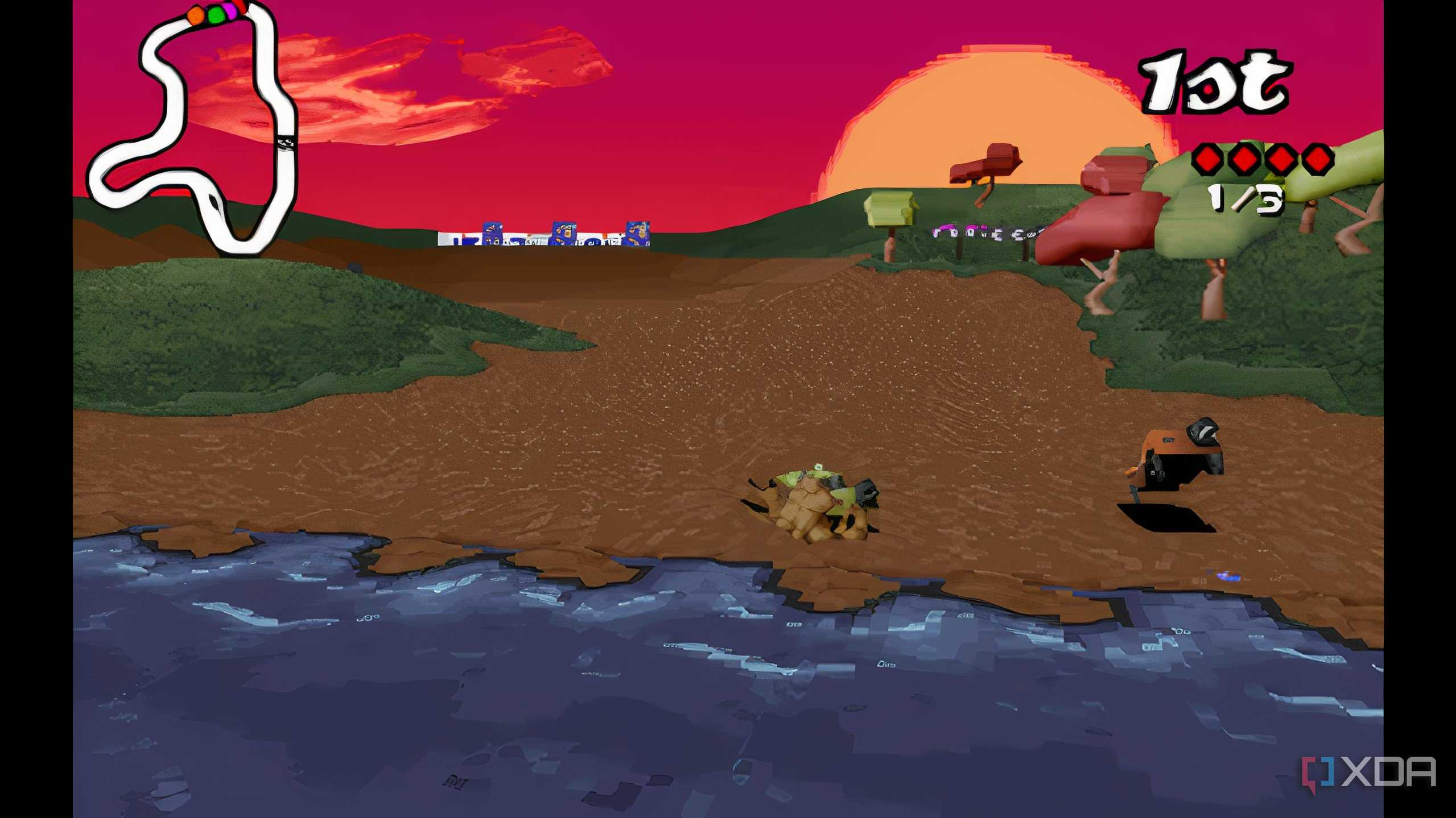 A screenshot from the game Big Red Racing, showing two cars jumping across a small river.
